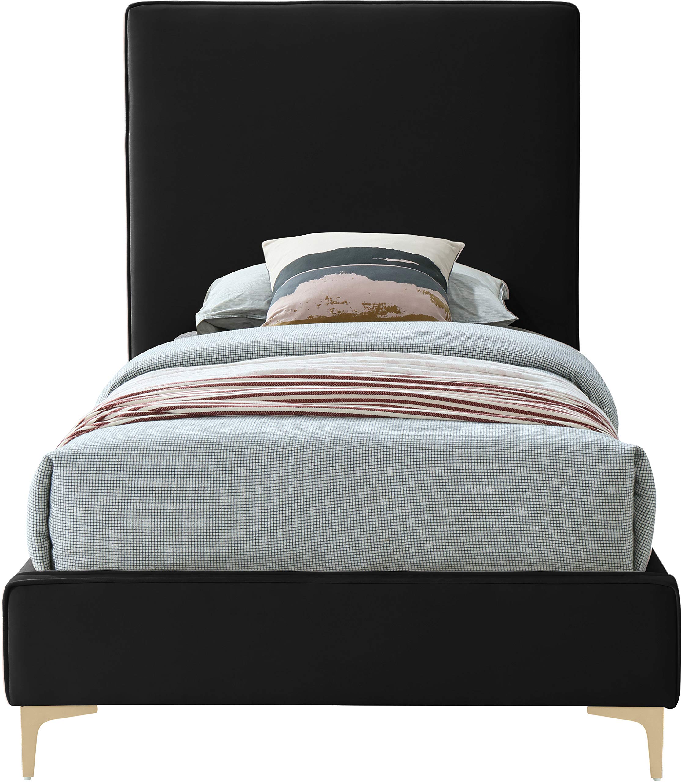 Modern Velvet Upholstered Bed with Gold/Chrome Headboard - Twin Size Black Bed Frame for Contemporary Bedrooms | Meridian Furniture Geri Collection