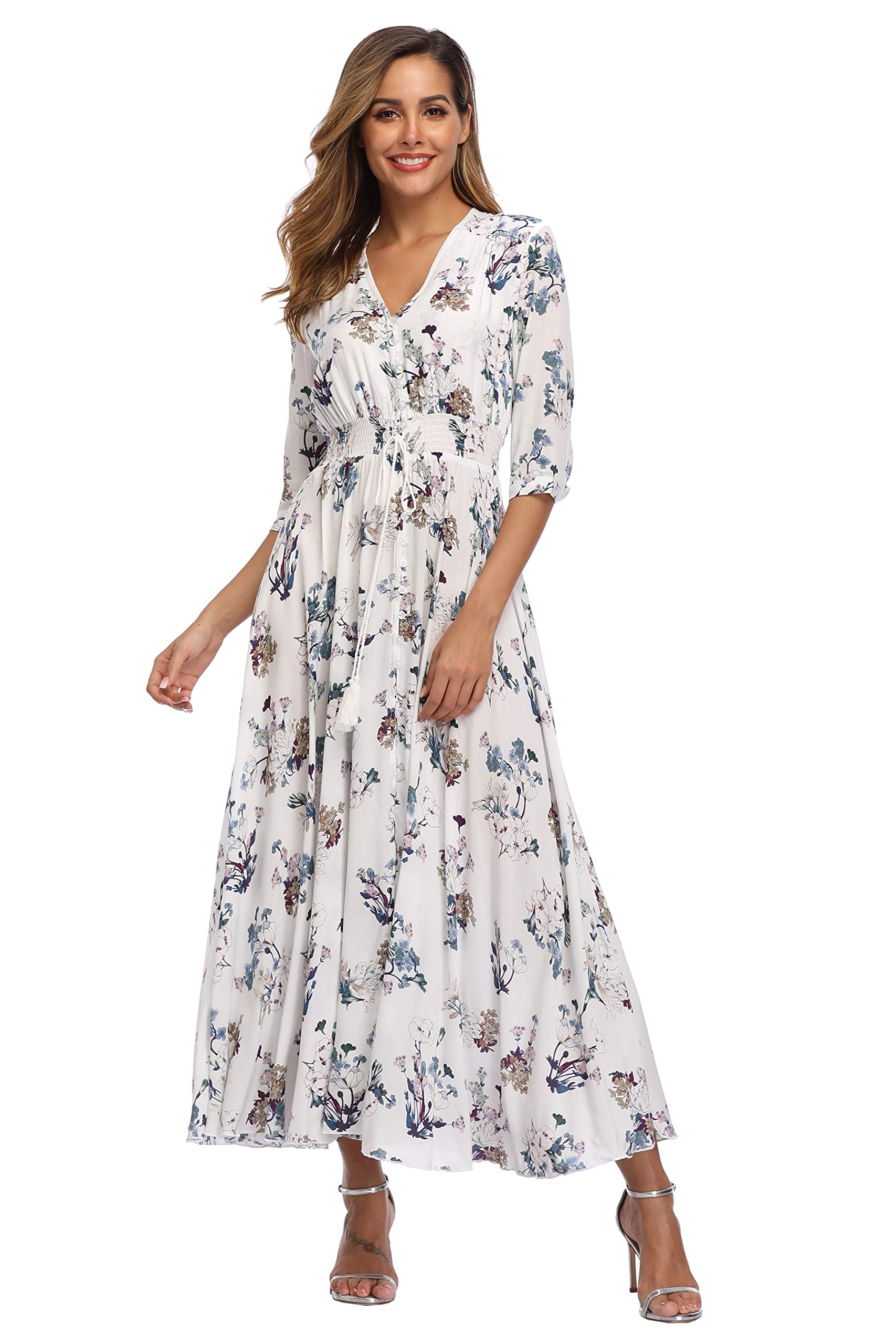 Vintage Floral Maxi Dress for Women - Long Sleeve Boho Beach Dress with Flowy Silhouette | Perfect for Summer Vacations, Music Festivals & Beach Weddings