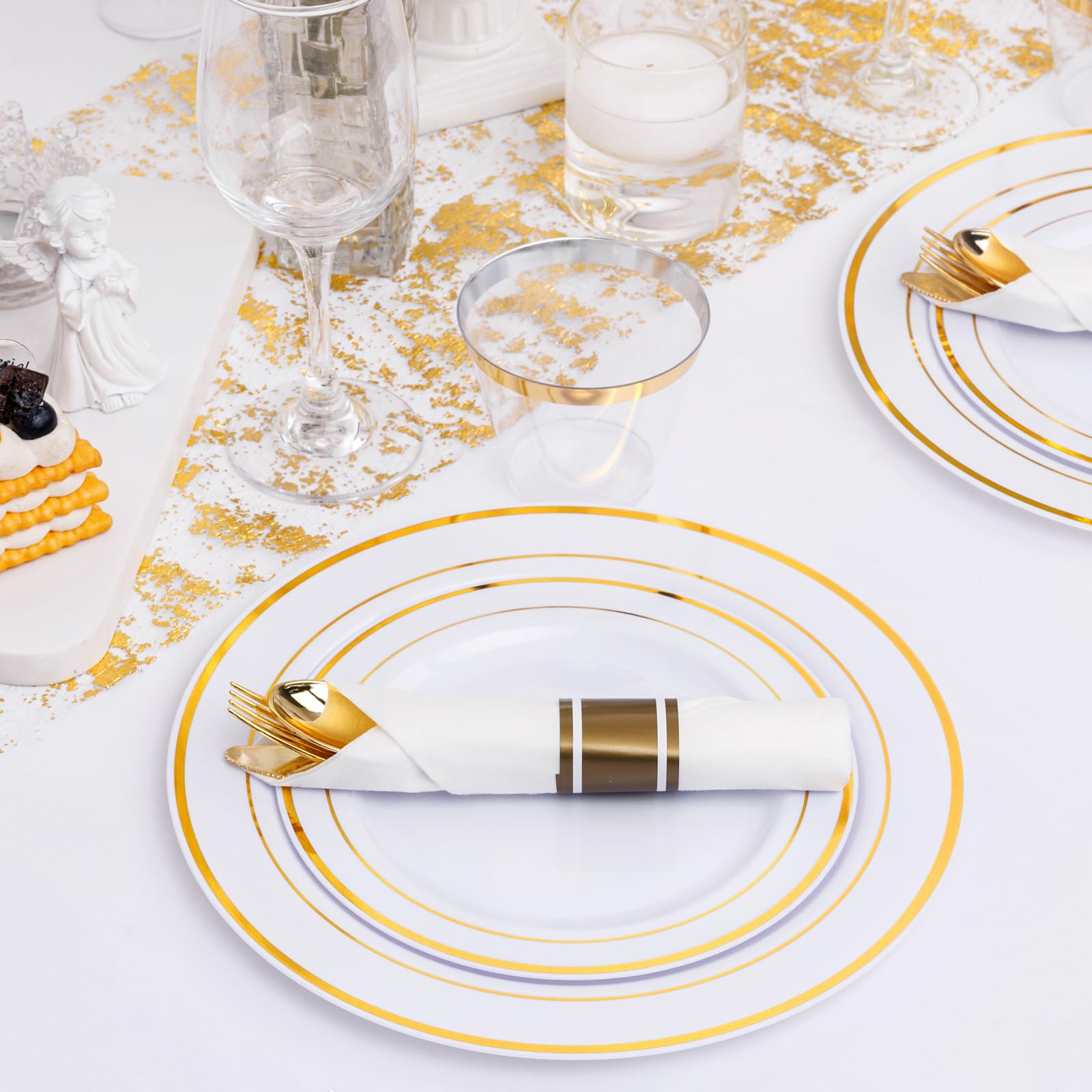 WELLIFE 350-Piece Gold Disposable Plates and Cutlery Set - Premium 10.25