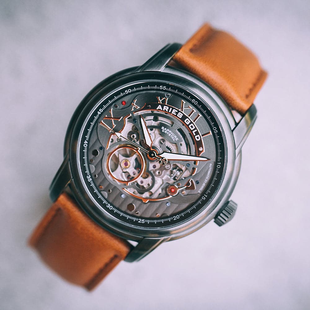 Aries Gold El Toro Black Skeleton Dial Men's Watch with Brown Leather Strap - Model G 9005A BK BK - Perfect for Business, Formal Events & Luxury Gift Giving