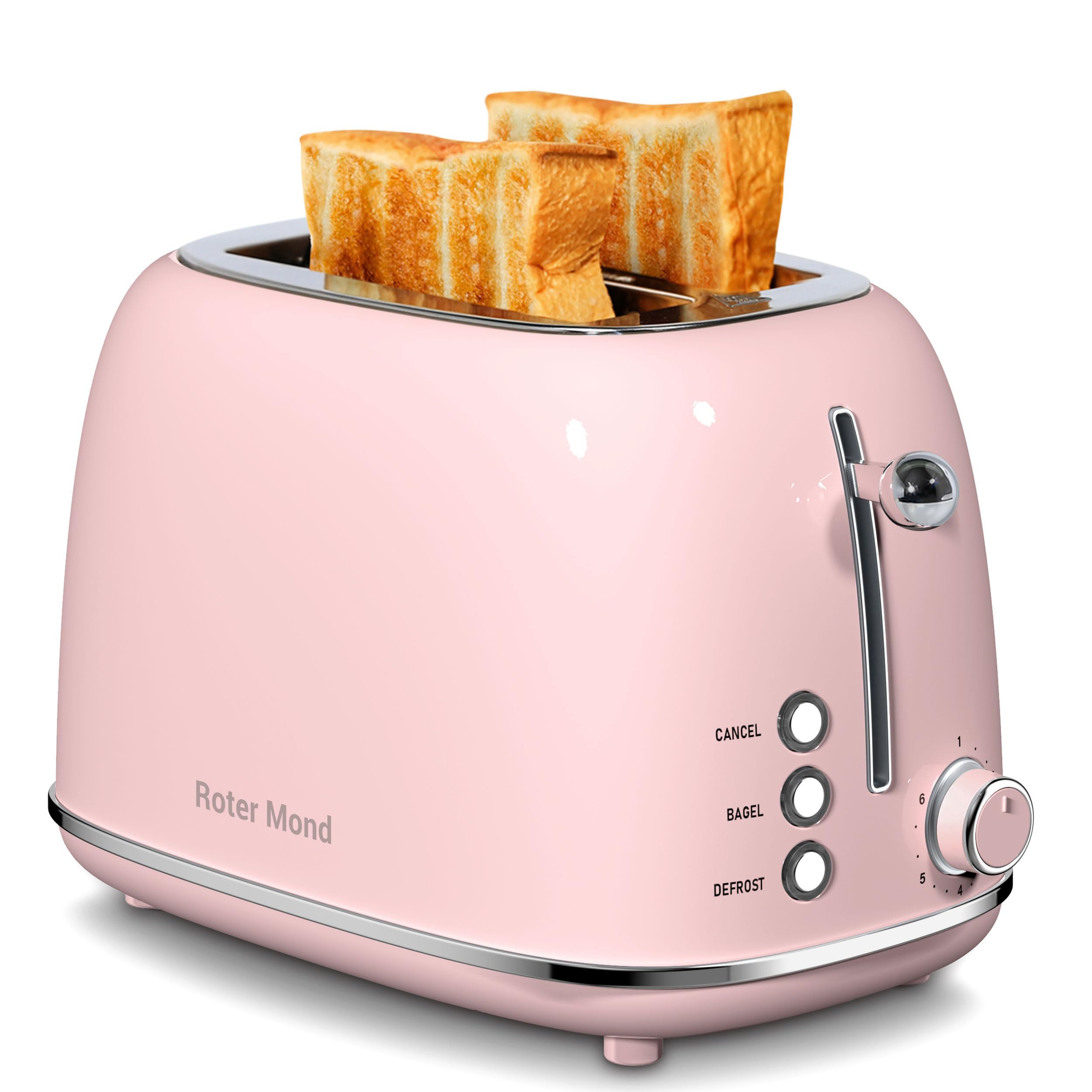 Retro 2-Slice Toaster with Bagel, Cancel & Defrost Functions - 6 Shade Settings, Extra Wide Slots & Removable Crumb Tray - Stainless Steel Pink Toaster for Kitchen, Breakfast, Dorm & Office Use