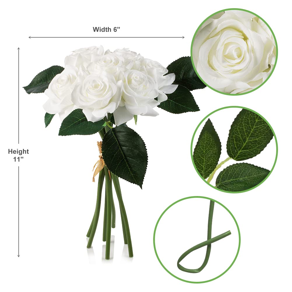 ENOVA FLORAL 7 Large Stems White Artificial Roses - Realistic Fake Flowers for Wedding Centerpieces, Home Decor, Party Arrangements & Tabletop Displays (White)