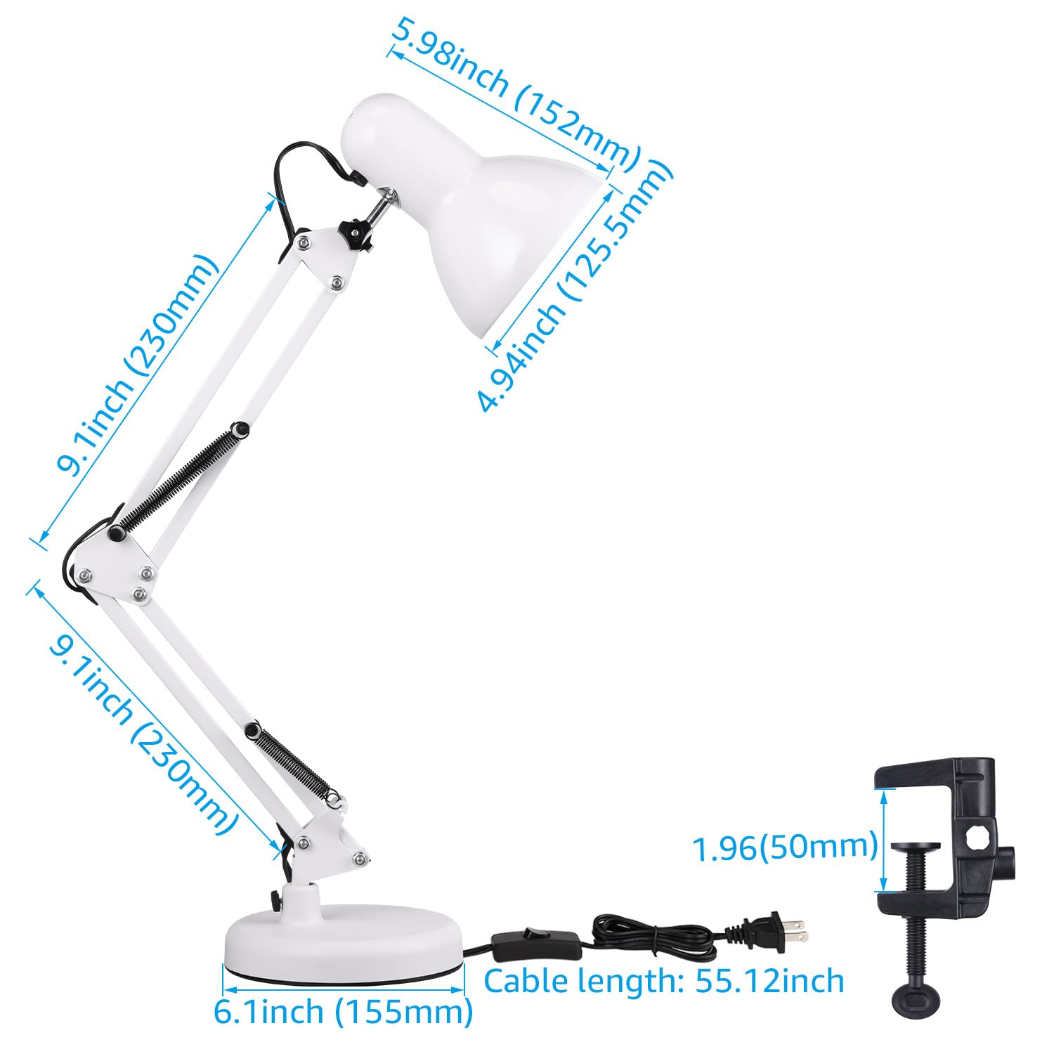 TORCHSTAR Adjustable Metal Desk Lamp with Clamp - Multi-Joint Swing Arm Architect Lamp, Flexible Gooseneck Table Light for Home Office, Study & Reading - E26 Base, White - Perfect for Workspaces, Dorm Rooms & Crafting Areas