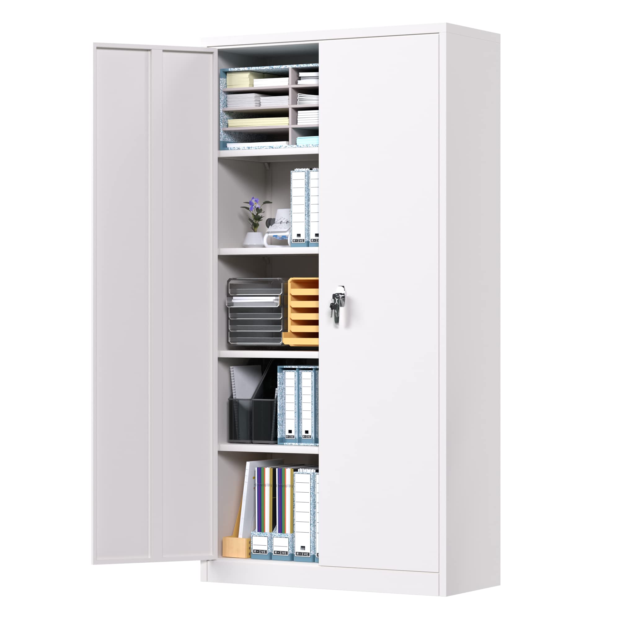 AOBABO 72-Inch Heavy Duty Metal Storage Cabinet with Lock - 4 Adjustable Shelves, Steel Utility Cabinet for Office, Home, Garage Organization - Easy Assembly (White) - Perfect for Storing Tools, Files & Household Supplies