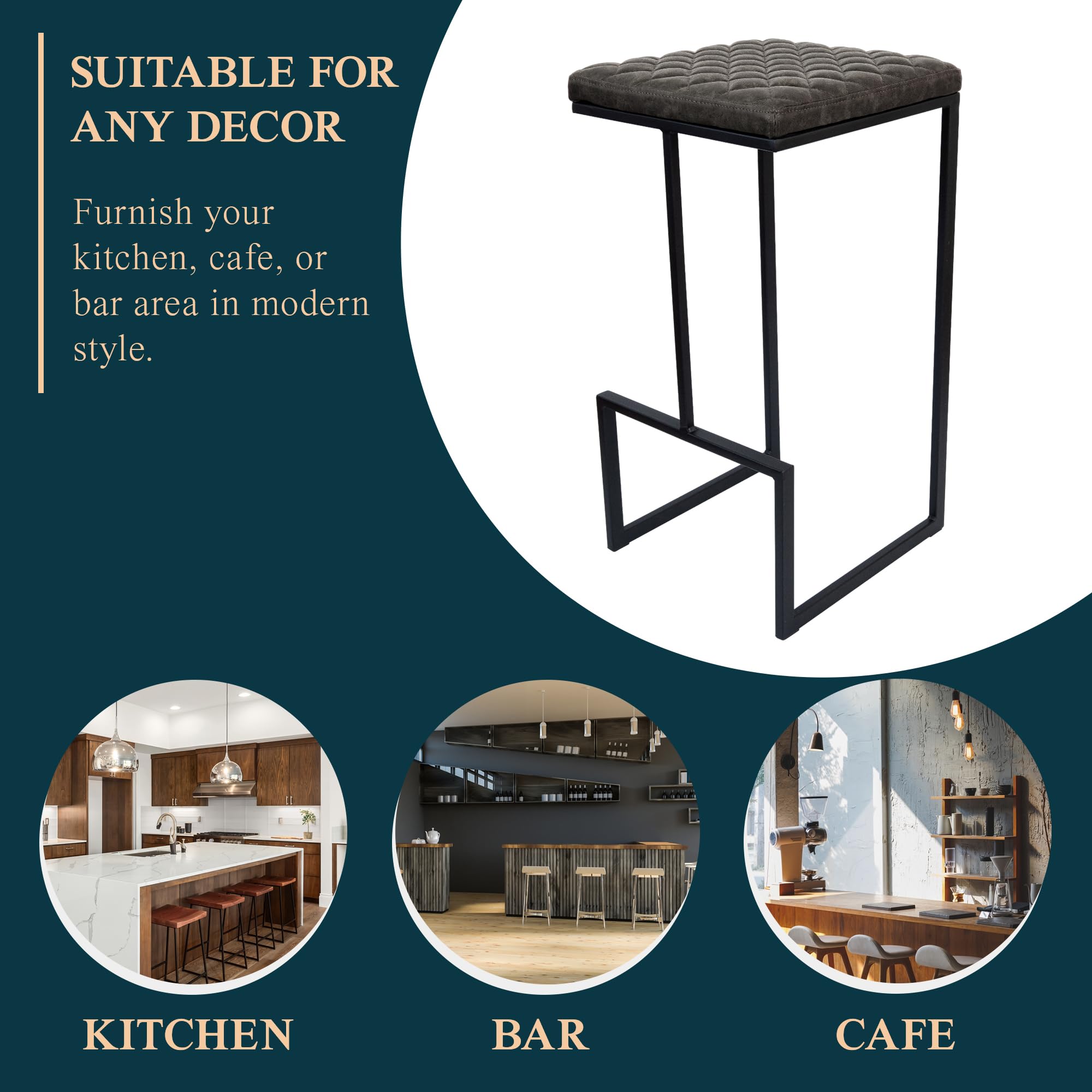 Quincy Quilted Leather Bar Stools Set of 2 - Grey Stitched Counter Height Stools with Metal Frame for Kitchen Island, Breakfast Nook & Home Bar | Durable & Comfortable Seating