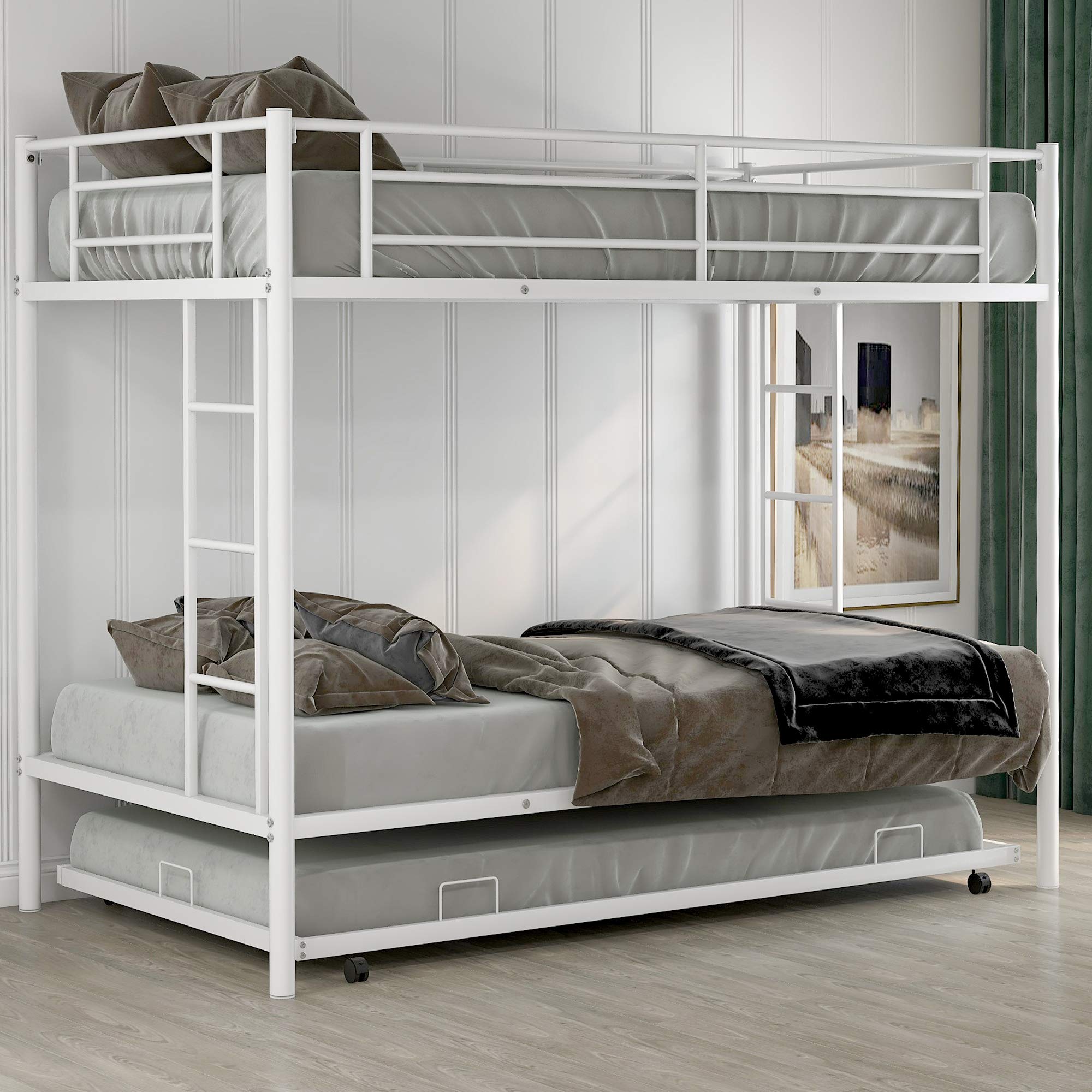 Twin Over Twin Bunk Bed with Trundle - White Wooden Bunk Beds for Kids & Teens - Space-Saving Bedroom Furniture for Small Rooms, Guest Rooms & Vacation Homes