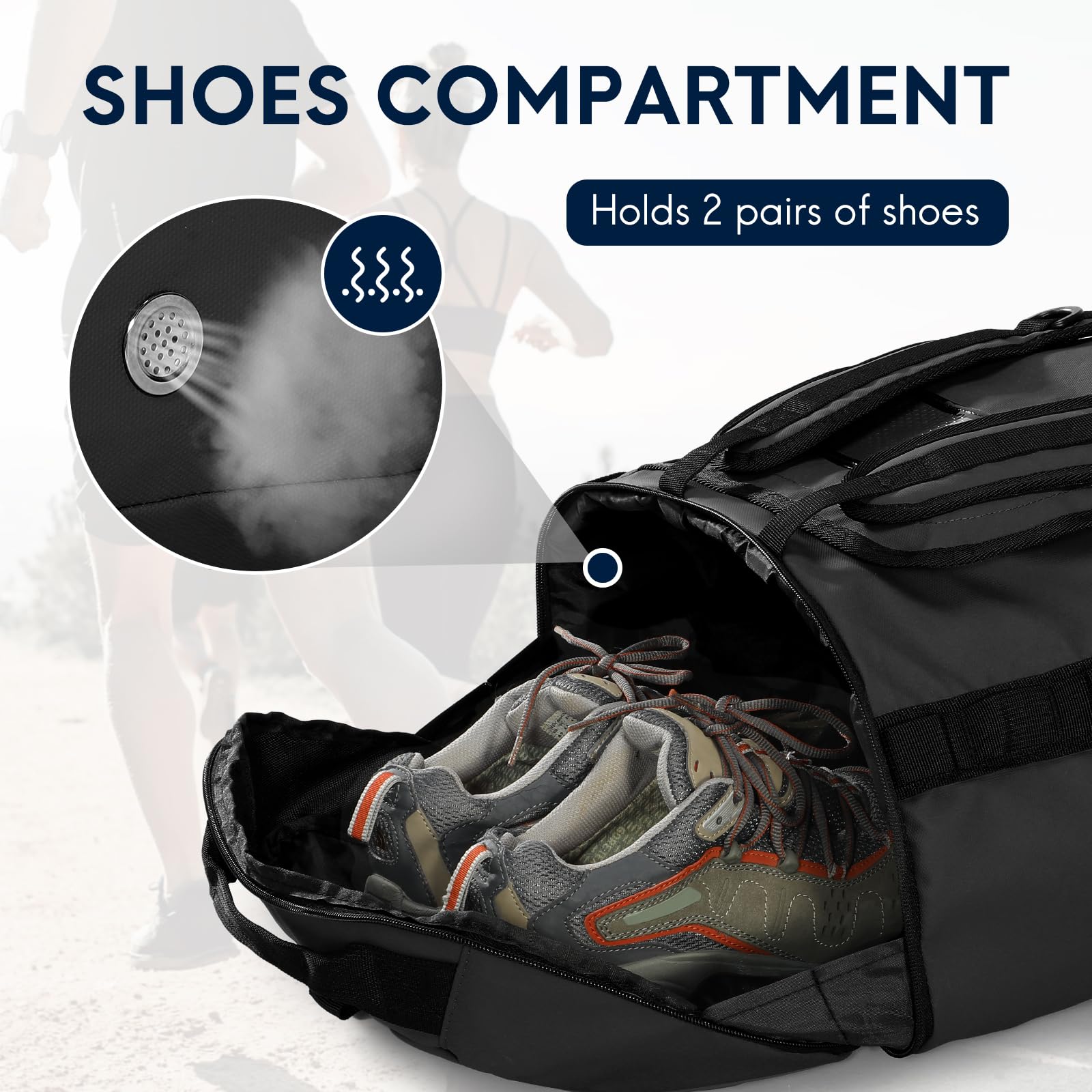 Haimont 50L Foldable Water Resistant Duffel Bag Backpack with Shoe Compartment - Large Travel Duffle for Men & Women - Perfect for Hiking, Camping, Gym, Sports & Weekend Getaways - Upgrade Version in Black