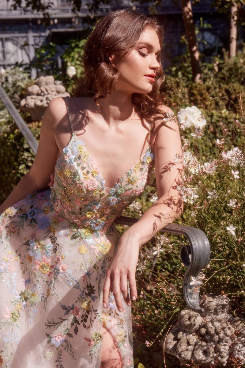 Andrea & Leo A1460 Multicolor Floral A-Line Gown - Elegant Party Dress for Weddings, Prom & Special Occasions
