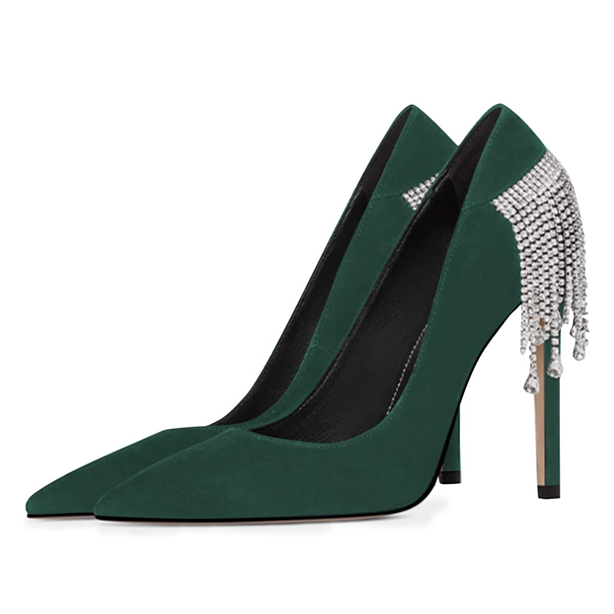 XYD Women's Suede Pointy Toe Stiletto Pumps with Rhinestone Back, Fringe & Crystal Pendant - Elegant Wedding & Formal Shoes for Brides, Prom, Evening Parties