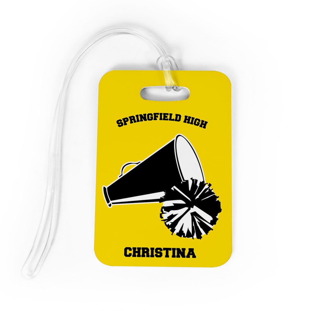 Personalized Cheerleading Luggage Tag - Custom Cheer Team Pom Pom & Megaphone Design - Medium Size Yellow/Black - Perfect for Gym Bags, Travel Luggage & Sports Equipment Identification
