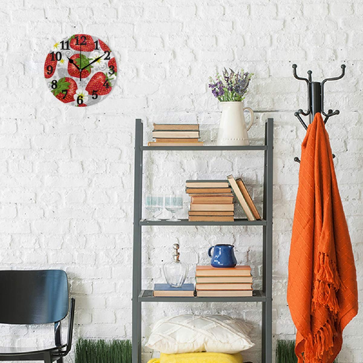 10 Inch Round Wall Clock - Silent Non-Ticking Strawberry Themed Home Decor with Roman Numerals for Living Room, Bedroom & Office | Perfect Gift for Housewarming & Kitchen Decor