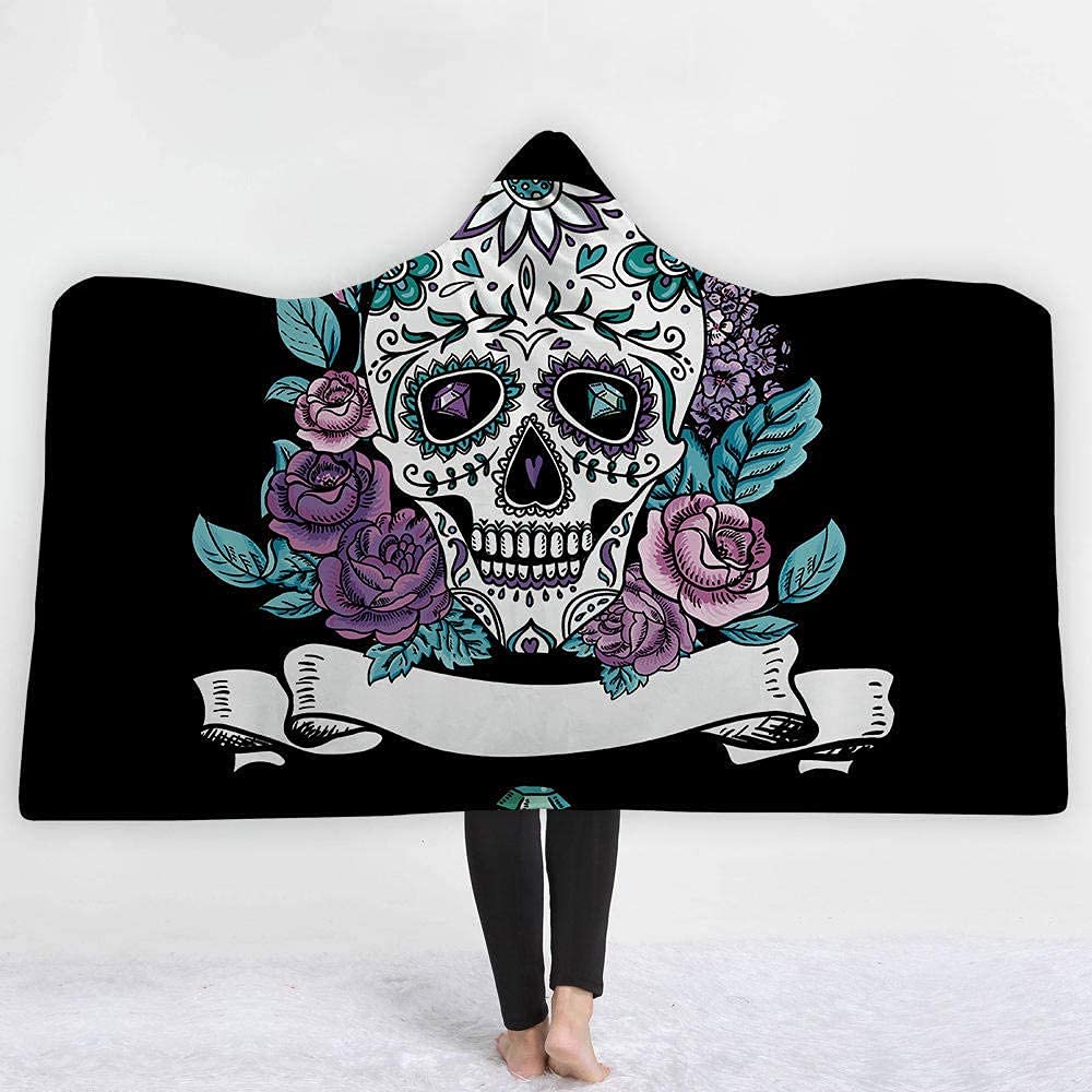 MRKBBVAKVZ Rose Skull Print Comfy Hoodie Wearable Blanket - Soft Fluffy Warm Fleece Throw Blanket (150x200cm) - Perfect for Lounging, Netflix Nights & Winter Snuggles