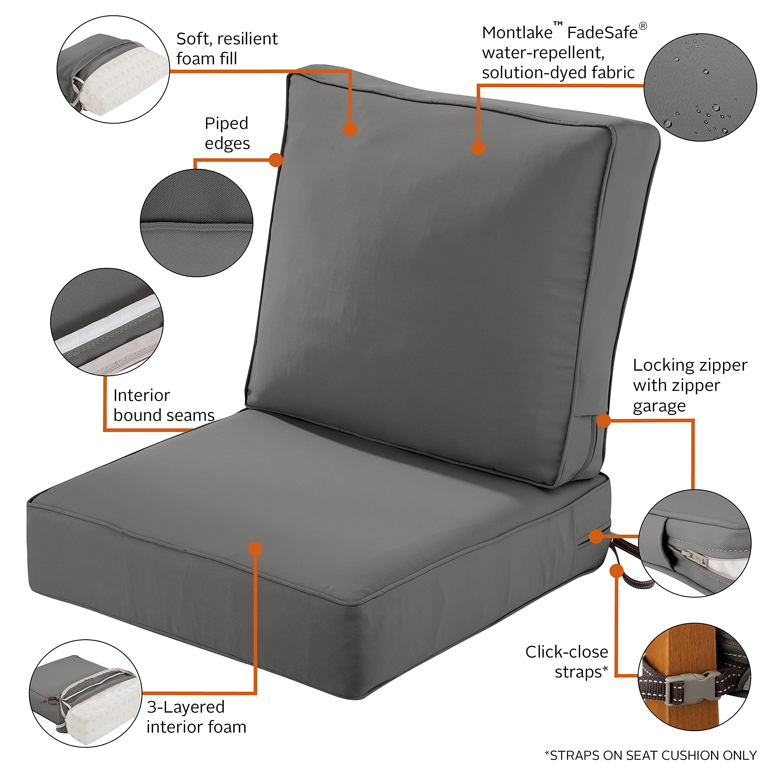 Classic Accessories Montlake FadeSafe Patio Lounge Chair Cushion Set - 23 x 45 Inch, Light Charcoal - Perfect for Outdoor Furniture, Poolside Lounging, and Garden Relaxation