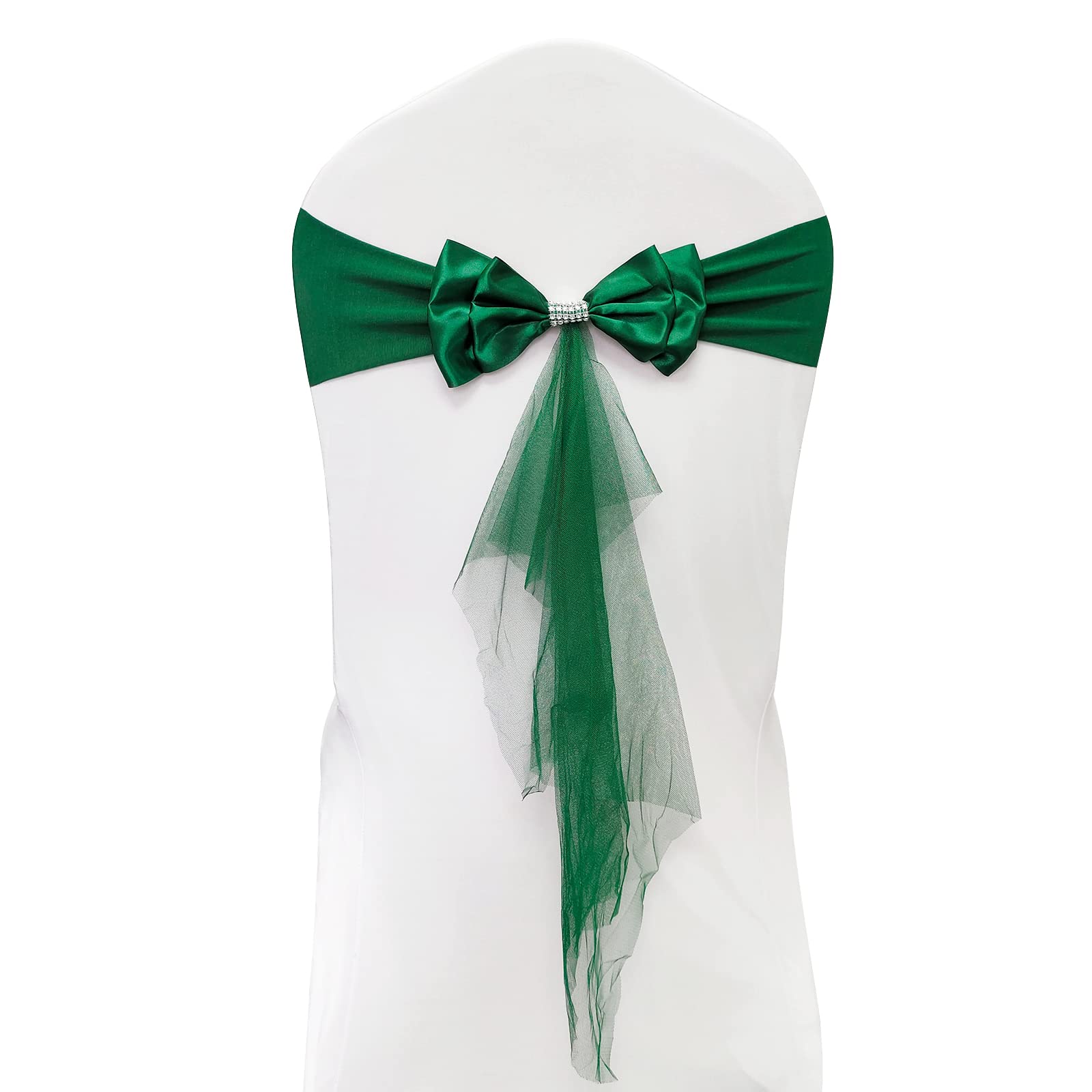Elegant Dark Green Organza Chair Sash Bows for Wedding & Party Decor - Pack of 60 Floating Tied Chair Covers with Booknot - Perfect for Banquet, Reception, and Bridal Shower Decorations