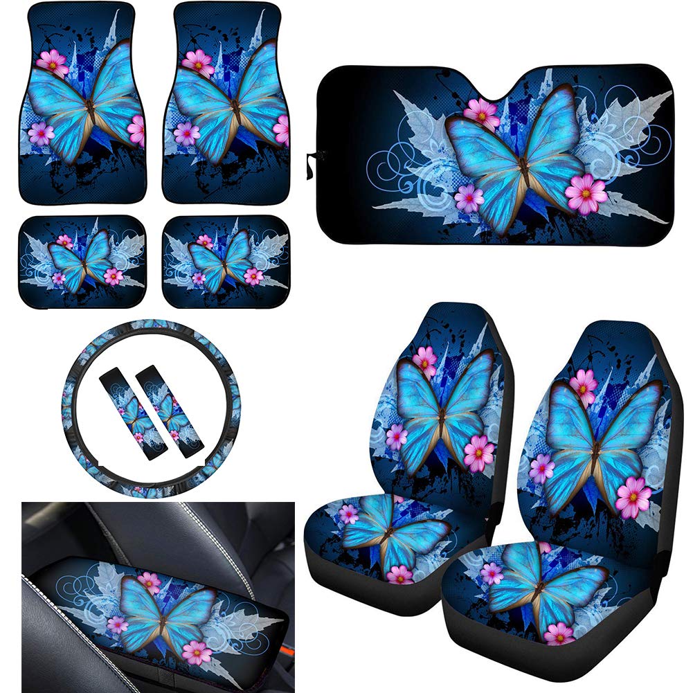 UNICEU 11-Piece Chic Blue Butterfly Flower Car Interior Accessories Set - Front Seat Covers, Floor Mats, Steering Wheel Cover, Armrest Cover, Seat Belt Pads & Sunshade | Universal Fit for SUV, Truck & Sedan | Perfect for Road Trips & Daily Commute