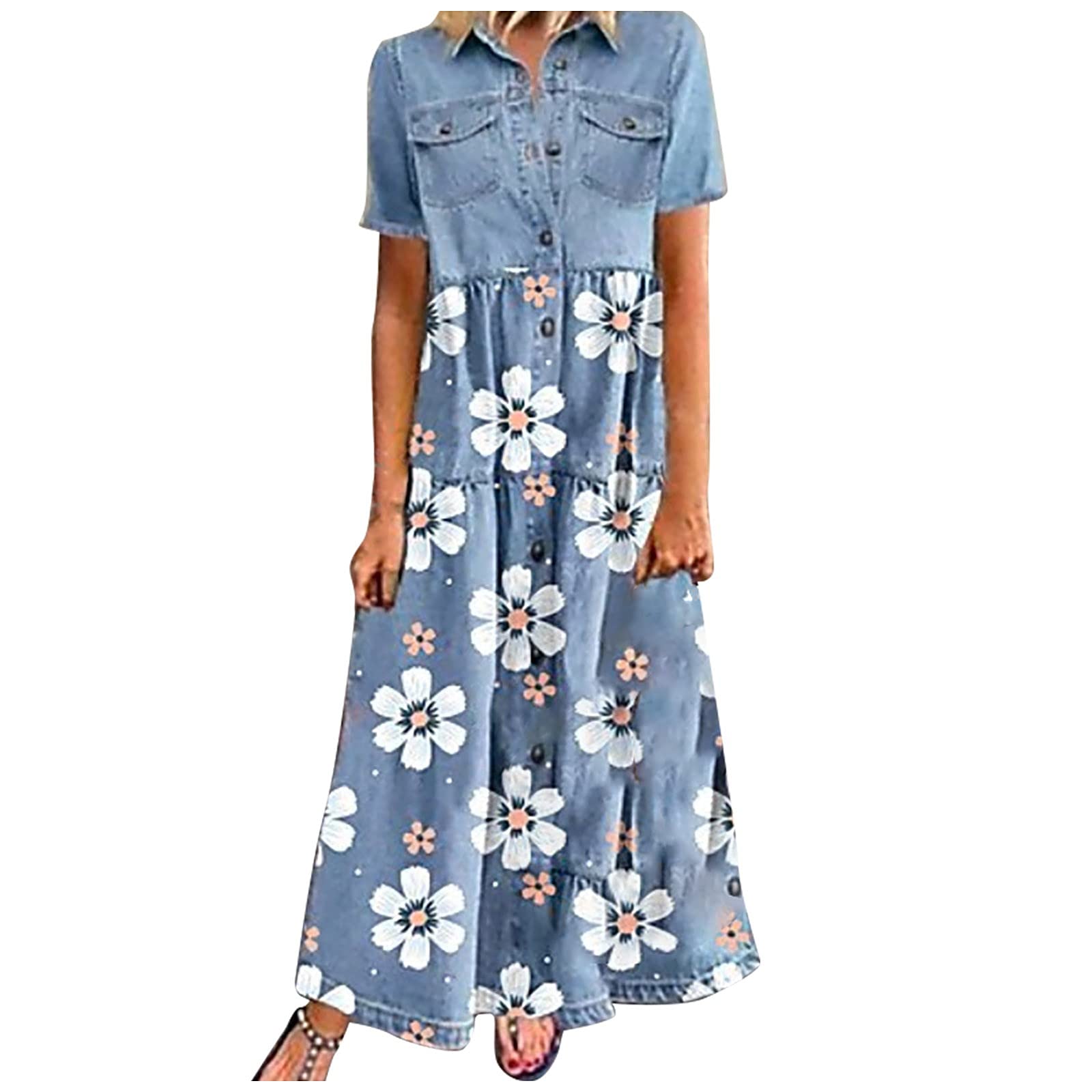 Stylish Women's Summer Denim Maxi Dress with Multi-Button & Pockets - Casual Fashion for Beach, Vacation & Everyday Wear