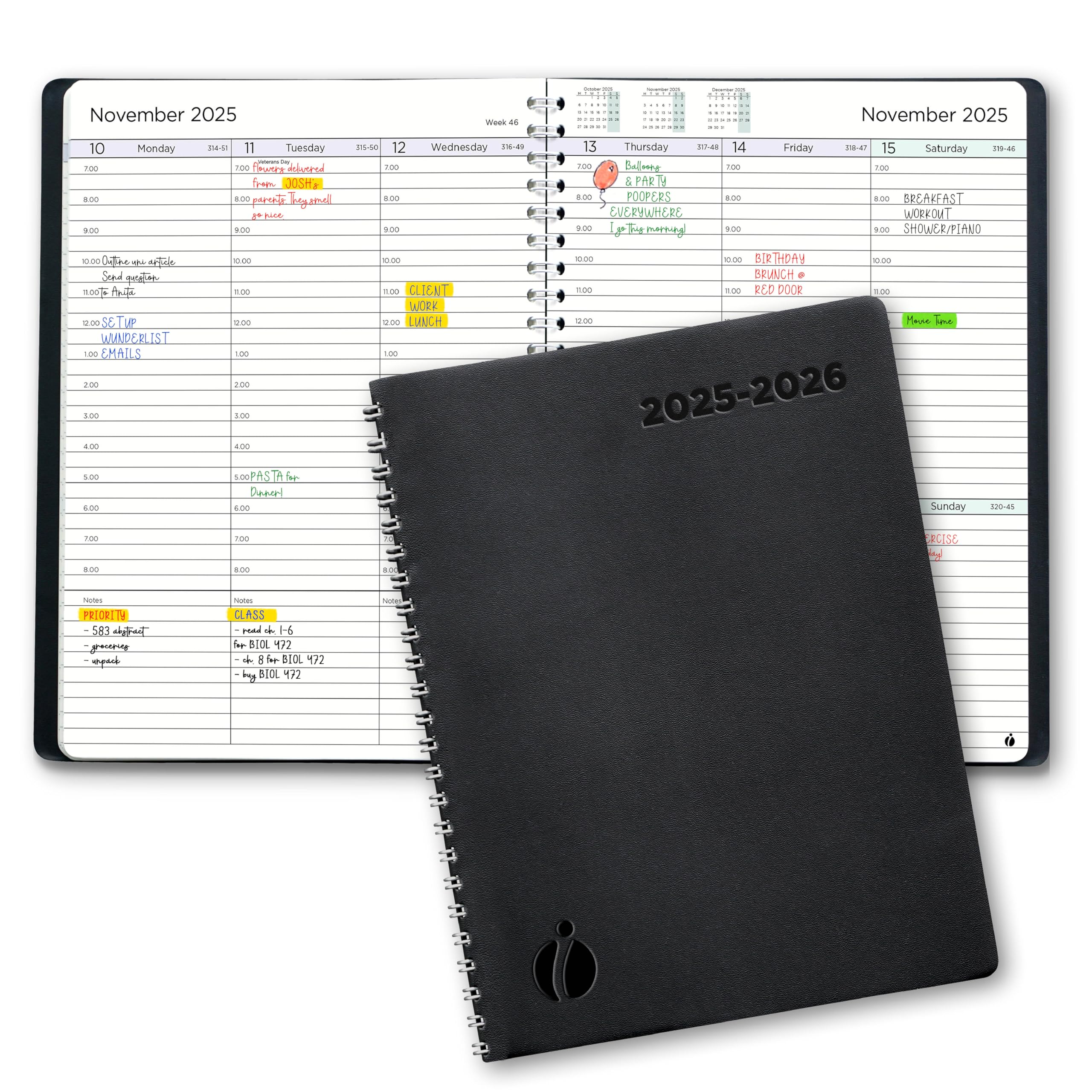 2025-2026 Academic Planner - Weekly & Monthly Hourly Appointment Book with Flexible Cover & Twin-Wire Binding - 6.5