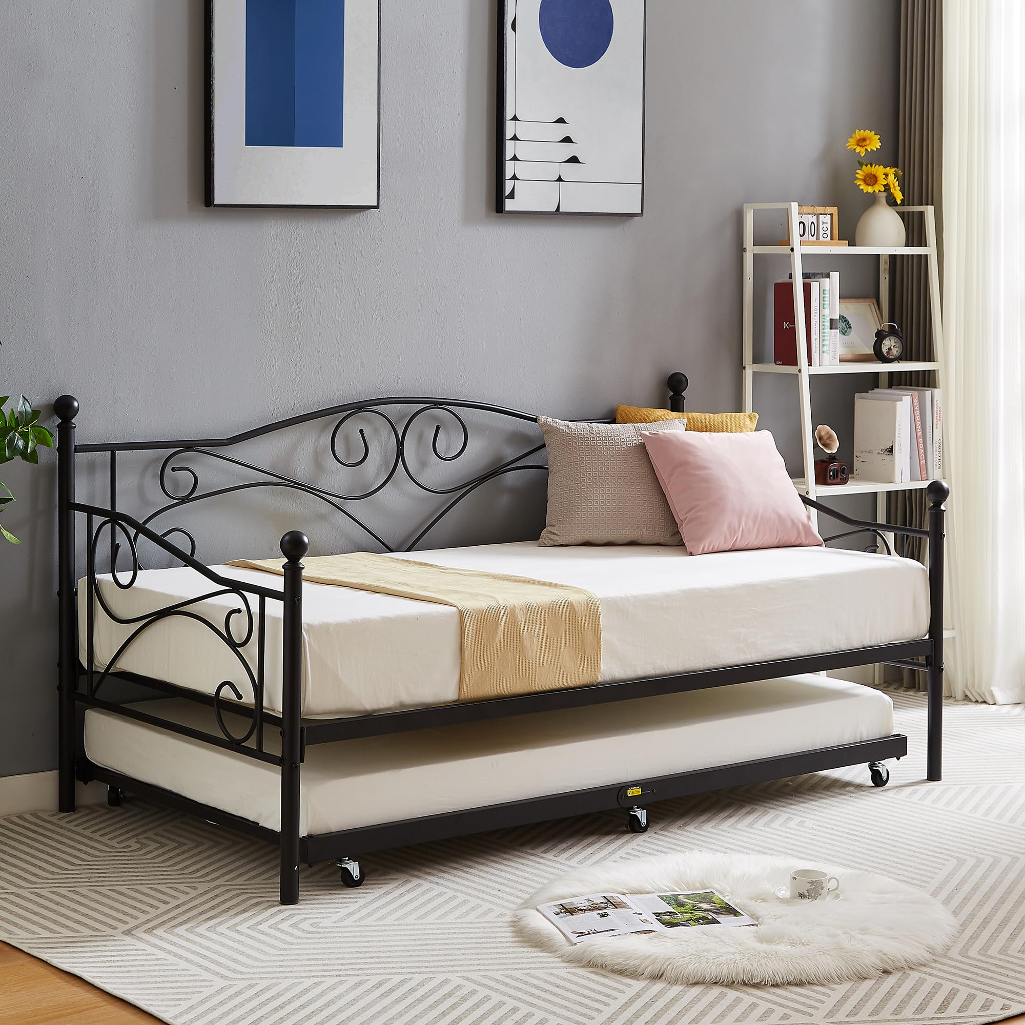 VECELO Premium Twin Size Metal Daybed Frame with Steel Slat Support, Sturdy Legs & Headboard - Mattress Foundation, Multi-Functional Furniture in Black | Perfect for Guest Rooms, Dormitories & Small Spaces