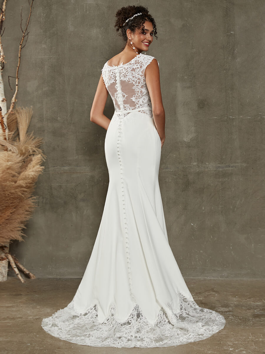 Elegant Double FDY Illusion Back Cap Sleeve Mermaid Wedding Dress with Lace Train - Perfect for Beach, Church, and Formal Wedding Ceremonies