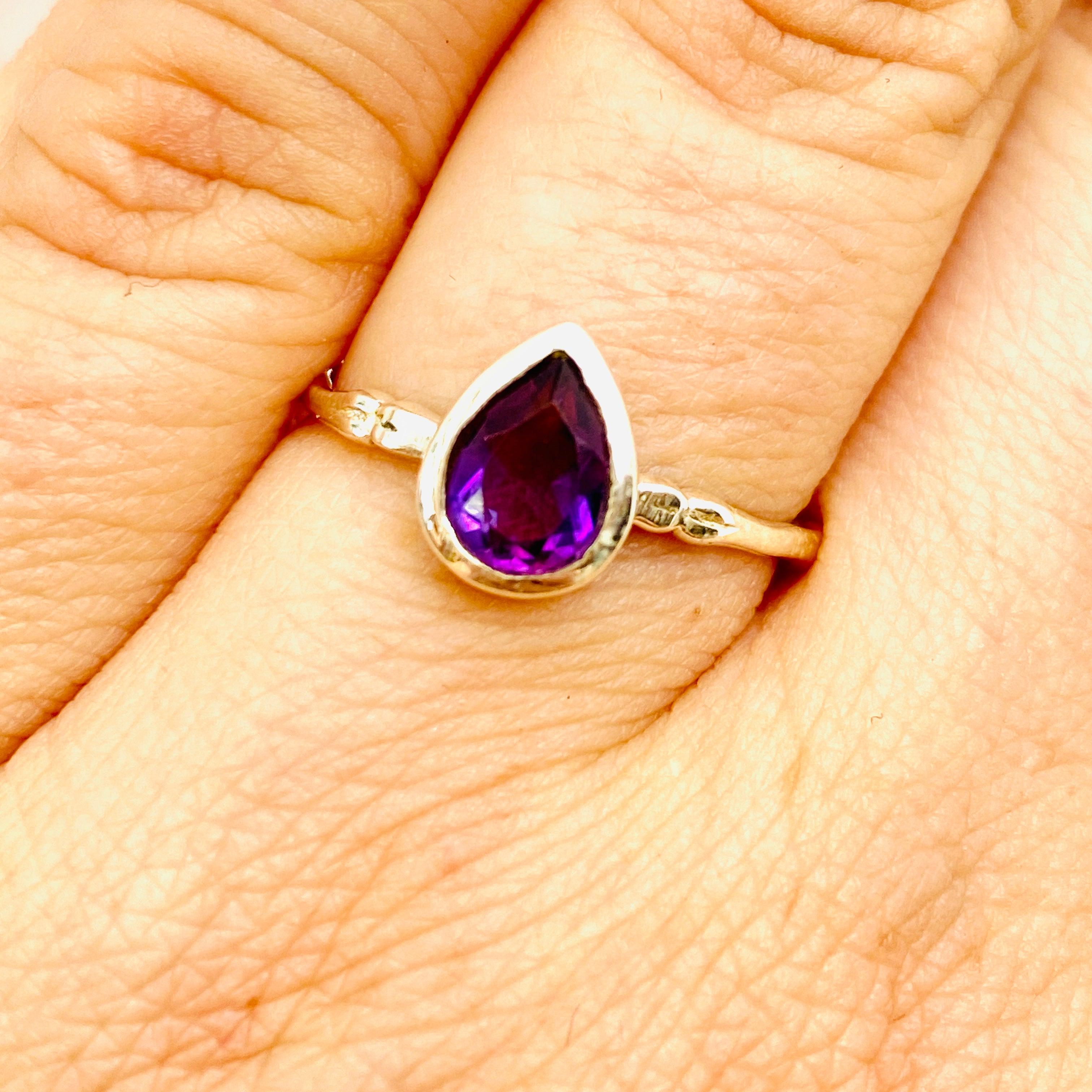 Amethyst Faceted Teardrop Fine Band Ring - Elegant Purple Gemstone Jewelry for Women - Perfect for Weddings, Anniversaries & Special Occasions