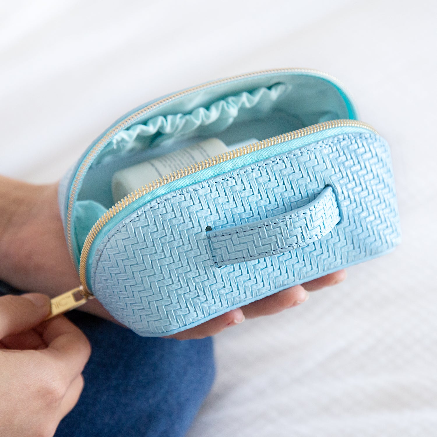 3-Piece Herringbone Pattern Cosmetic Bags Set | Elegant Bluebell Color | Perfect for Travel, Gym & Daily Makeup Organizer
