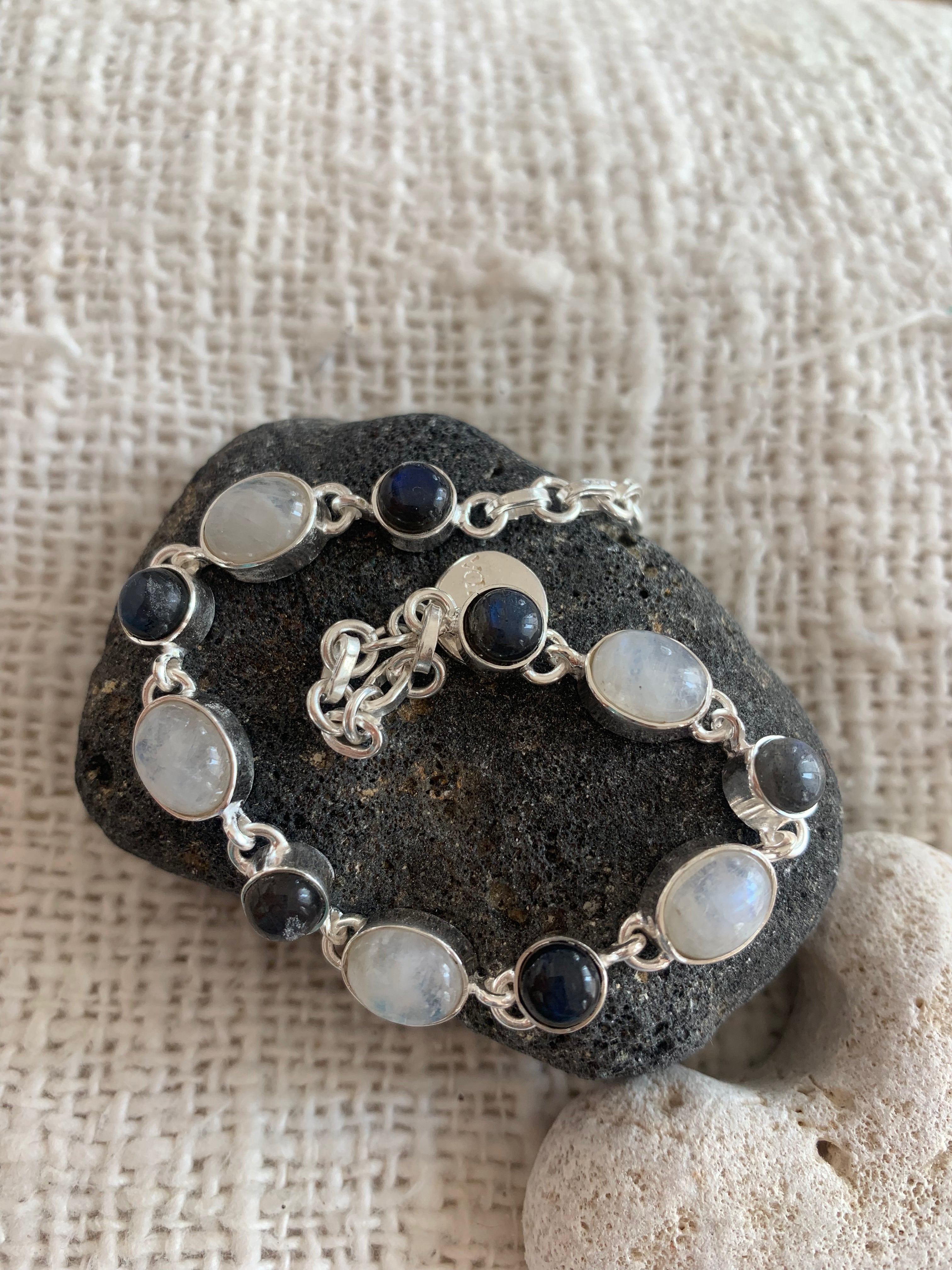 Elegant Silver Moonstone & Labradorite Gemstone Bracelet – Handmade Designer Jewelry for Women | Perfect for Boho, Wedding & Everyday Wear