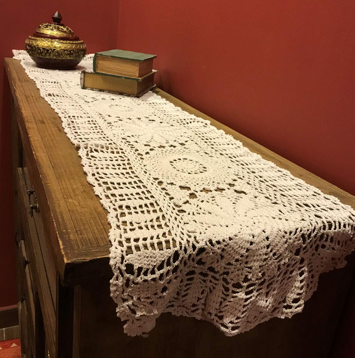Handmade Beige Crochet Cotton Table Runner - 14x63 Inch Lace Doily Rectangular Dresser Scarf for Dining Table, Coffee Table, and Home Decor