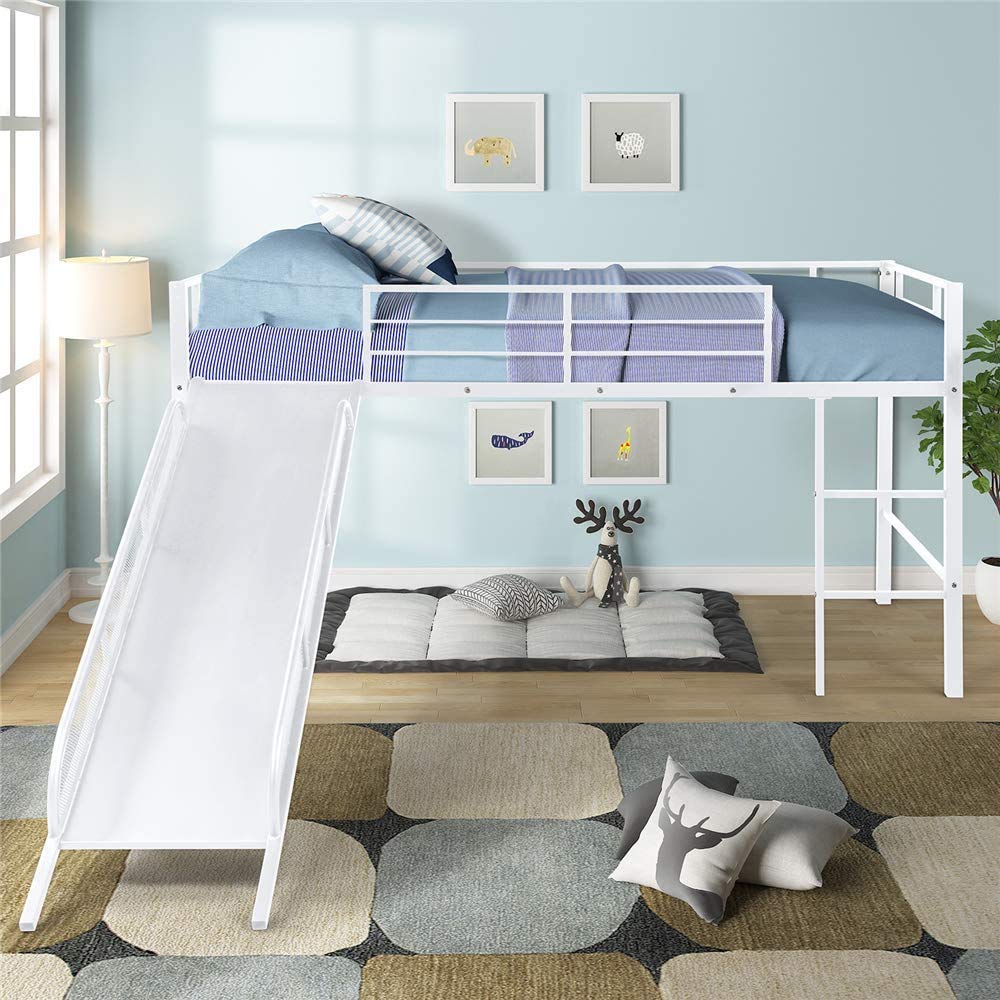 Metal Twin Low Loft Bed with Slide & Safety Guardrails - Space-Saving Kids Bed for Boys & Girls Bedroom Decor | No Box Spring Needed | Multifunctional Design (White) | Perfect for Small Rooms, Play Areas & Sleepovers