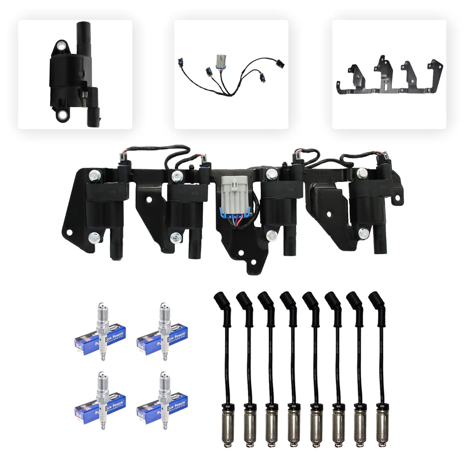 4 ADP Ignition Coils + 4 Champion Spark Plugs + Herko Bracket & Harness + 4 Herlux Spark Plug Wires with Heat Shield - Complete Tune-Up Kit for Ford, Chevy, Dodge - Improve Engine Performance & Fuel Efficiency
