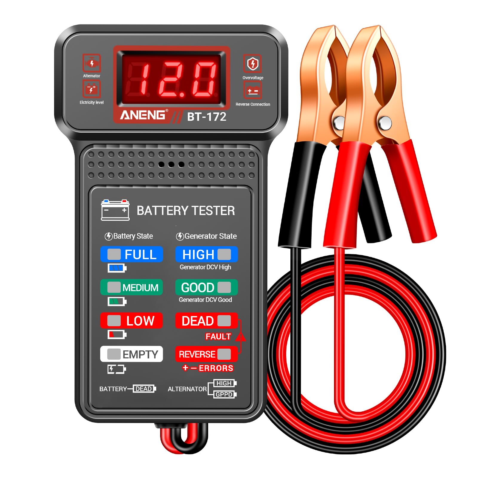 ANENG 12V Digital Car Battery Tester - Automotive Alternator Charging Analyzer & Voltmeter with LCD Display, LED Indicators for Cars, Trucks, Motorcycles - Perfect for DIY Auto Repair, Roadside Emergencies & Vehicle Maintenance