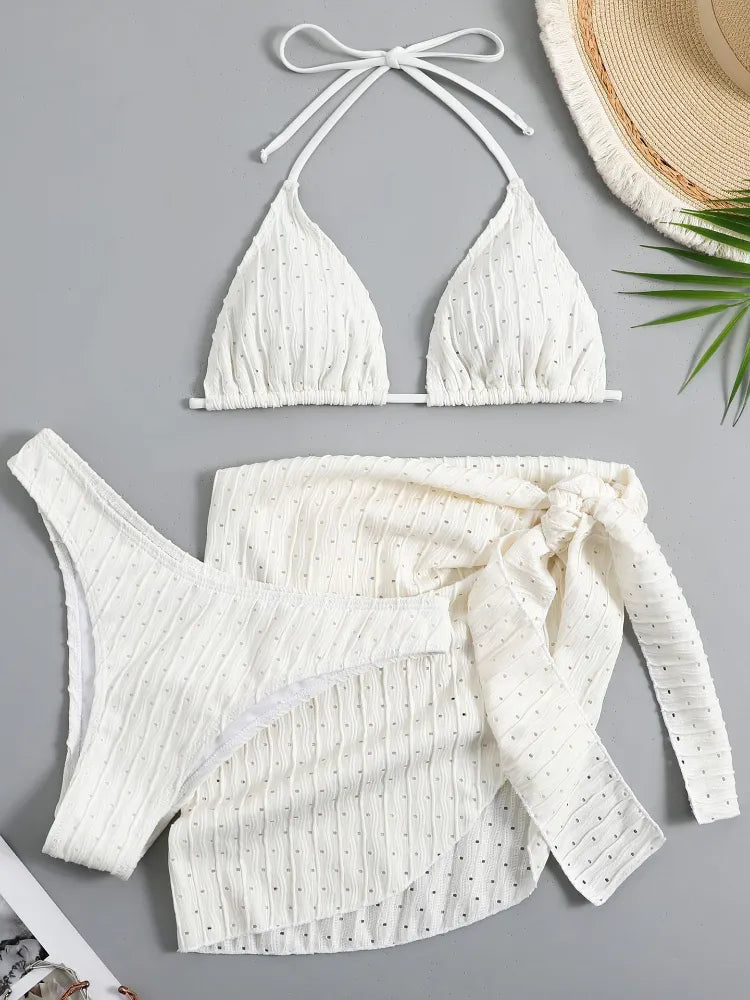2023 New Women's 3-Piece Swimsuit Set - Sexy Thong Bikini with Sarong Skirt | White & Pink Beachwear for Pool, Vacation & Summer Fun