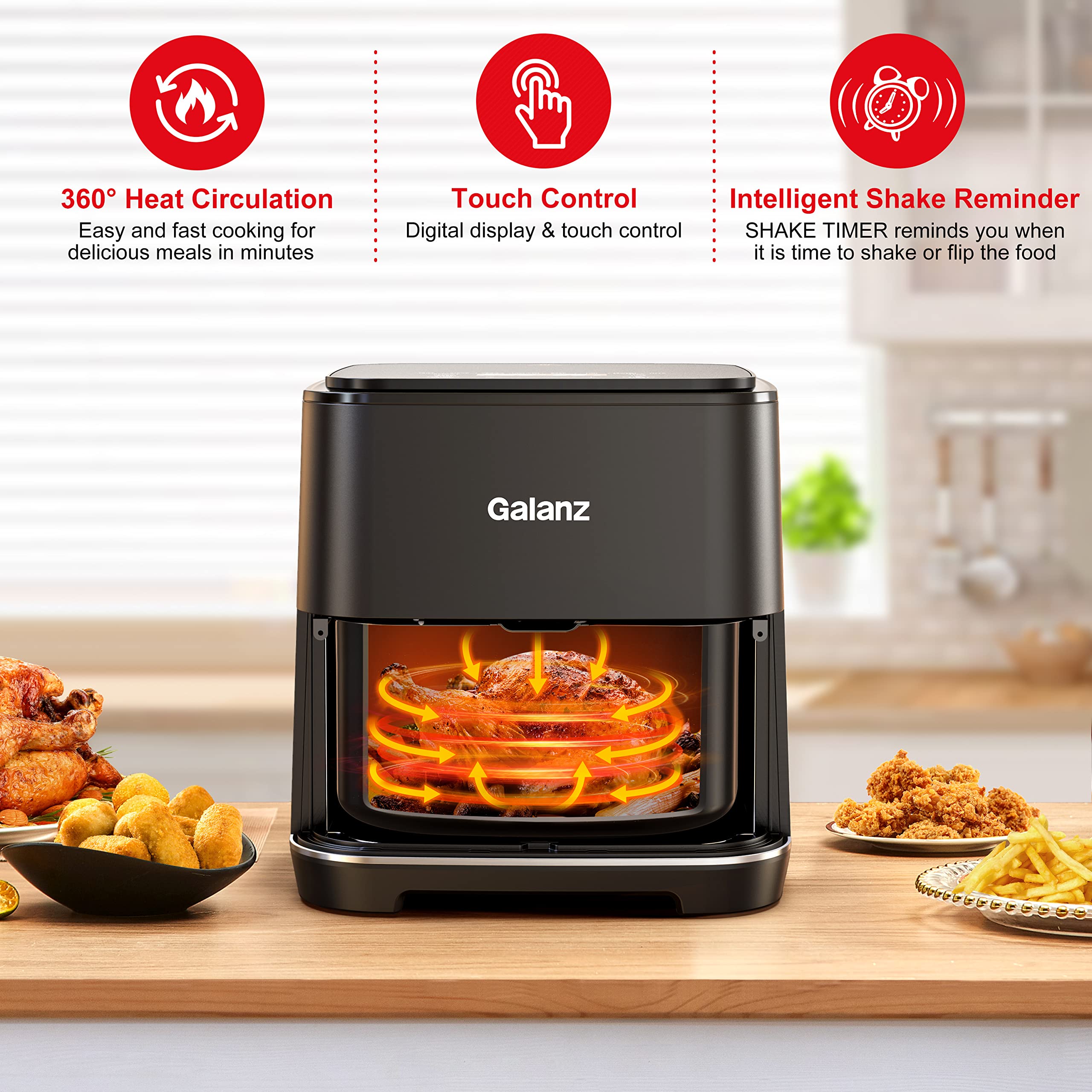 Galanz 5.8 Quart Stainless Steel Digital Air Fryer - Oil Free, Touch Control Panel, 8 Preset Functions, Shake Reminder & Nonstick Basket - Perfect for Healthy Cooking, Family Meals & Quick Snacks