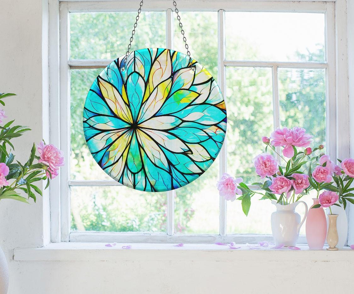 Blue and White Suncatcher Window Decor - Handmade Stained Glass Hanging Ornament for Home, Office, Garden (Perfect for Living Room, Bedroom, Kitchen & Outdoor Spaces)