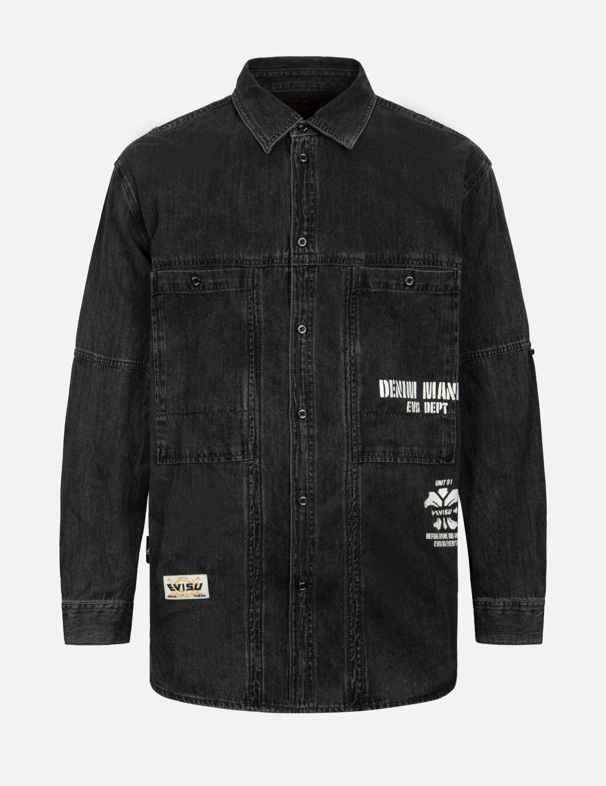 Stylish Kamon Print & Logo Embroidery Loose Fit Denim Shirt for Men - Casual Wear, Street Fashion, and Layering Outfits