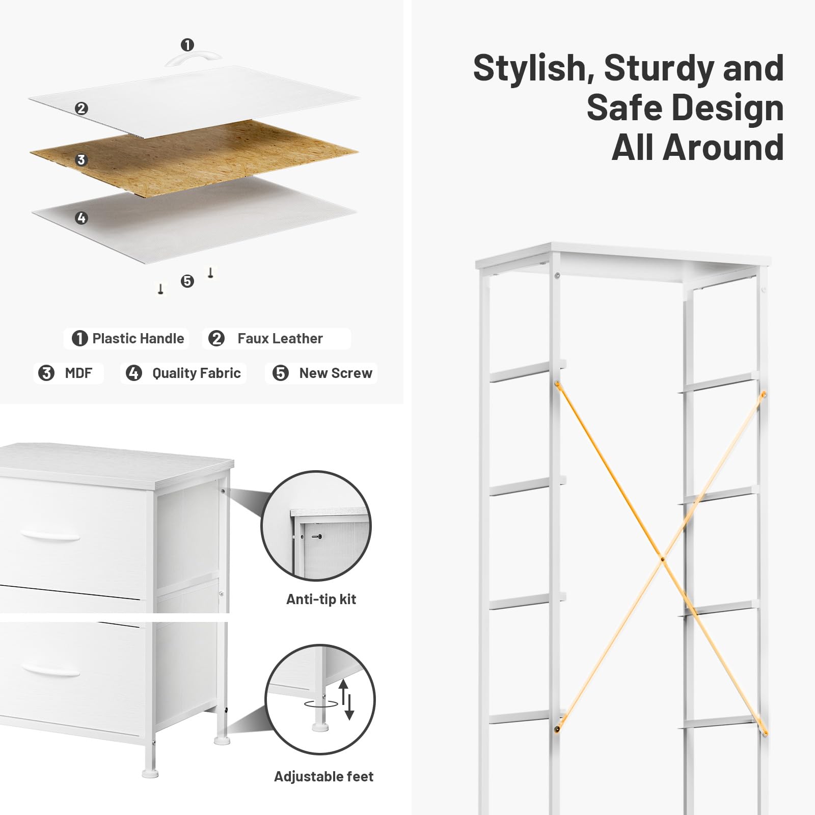 5-Drawer Tall Dresser Organizer with Fabric Bins - White Wood Texture & Leather Finish - Bedroom Storage Tower for Closet, Dorm, Apartment - Perfect for Clothes, Toys, and Home Organization
