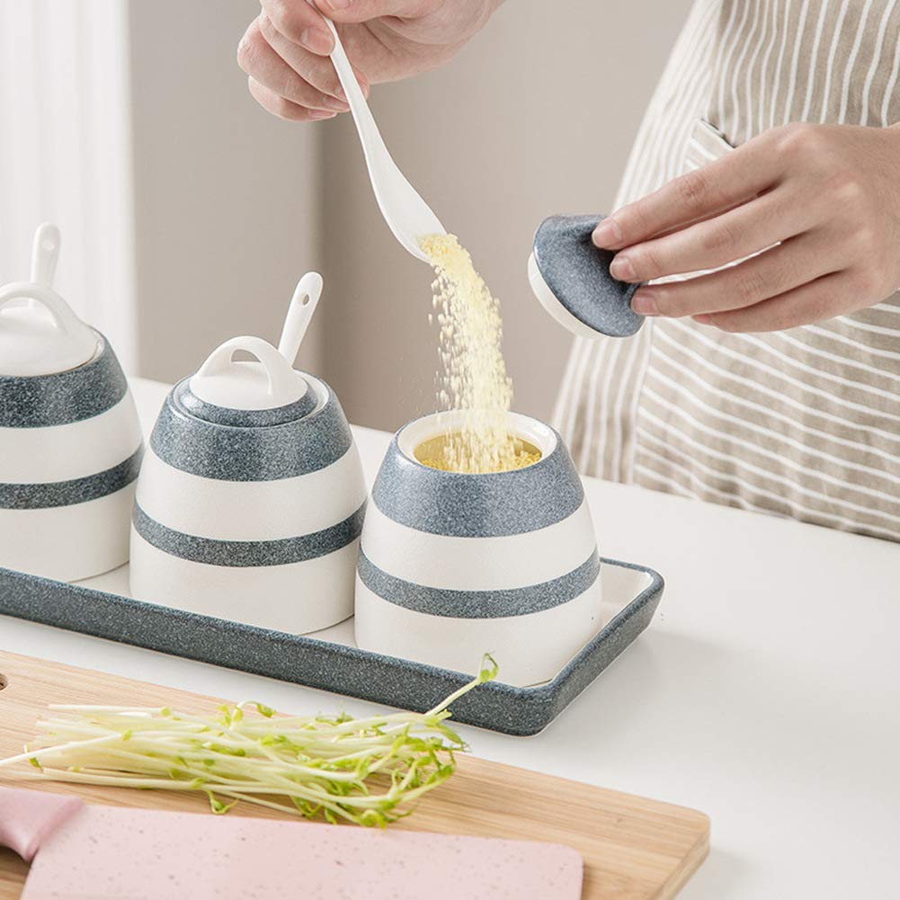 3-Piece Ceramic Sugar Bowl Set with Lids & Spoons - Airtight Spice Jars for Salt, Sugar, Flour & Seasonings | Perfect for Kitchen Storage, Baking & Coffee Station Organization