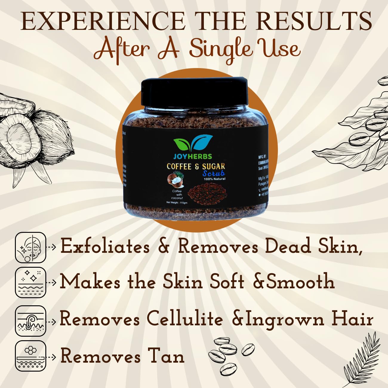 JOYHERBS Coffee Sugar Body Scrub with Coconut Oil, Walnut & Rock Salt - Exfoliating & Detanning Scrub for Soft, Smooth & Glowing Skin - 100% Vegan, Paraben-Free (115g) - Perfect for Spa Day, Self-Care Routine & Gift Giving