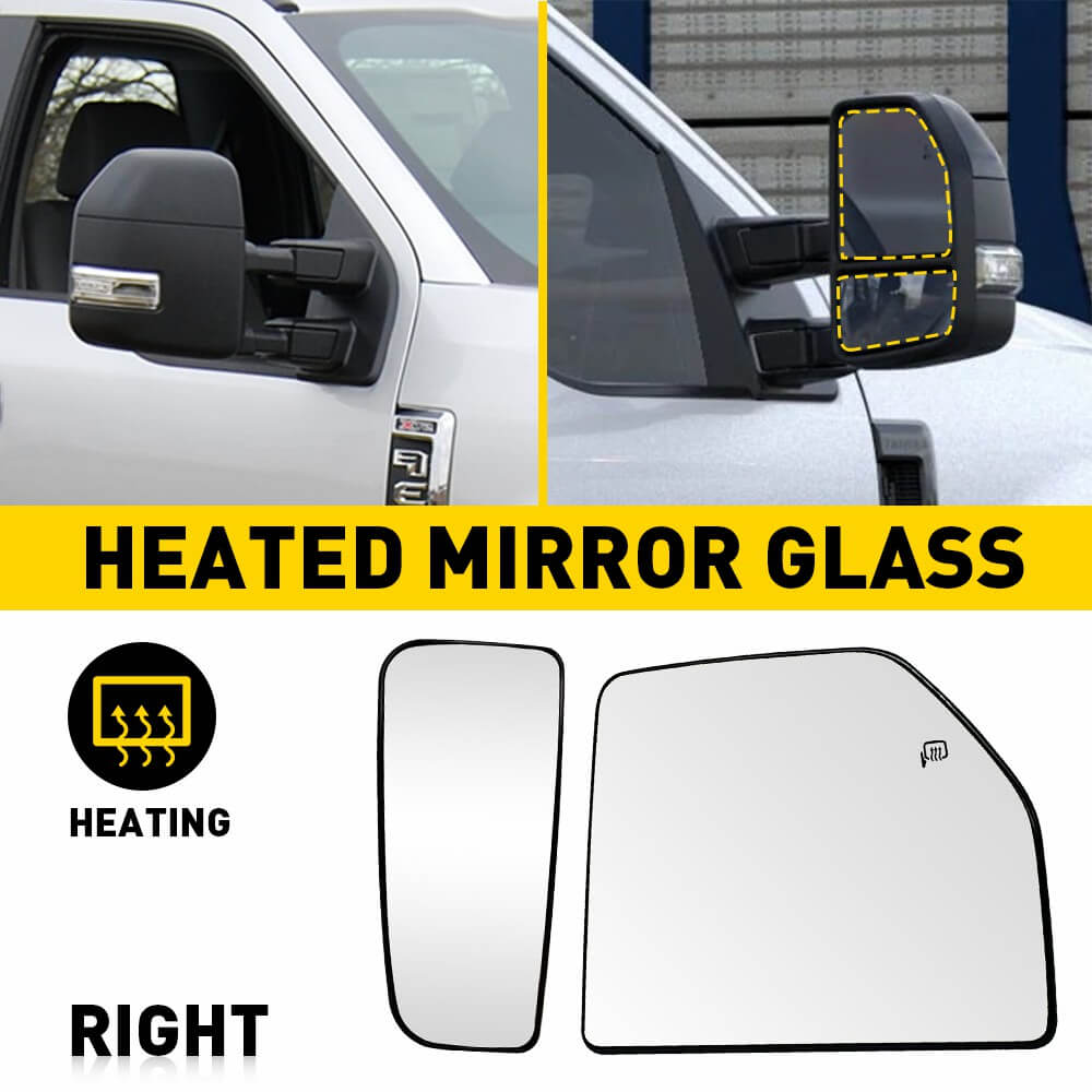 Heated Mirror Glass for 2015-2021 Ford F150 & 2017-2022 Ford F250 F350 F450 F550 Super Duty - Upper & Lower Replacement - Defrost Fog Prevention for Winter Driving