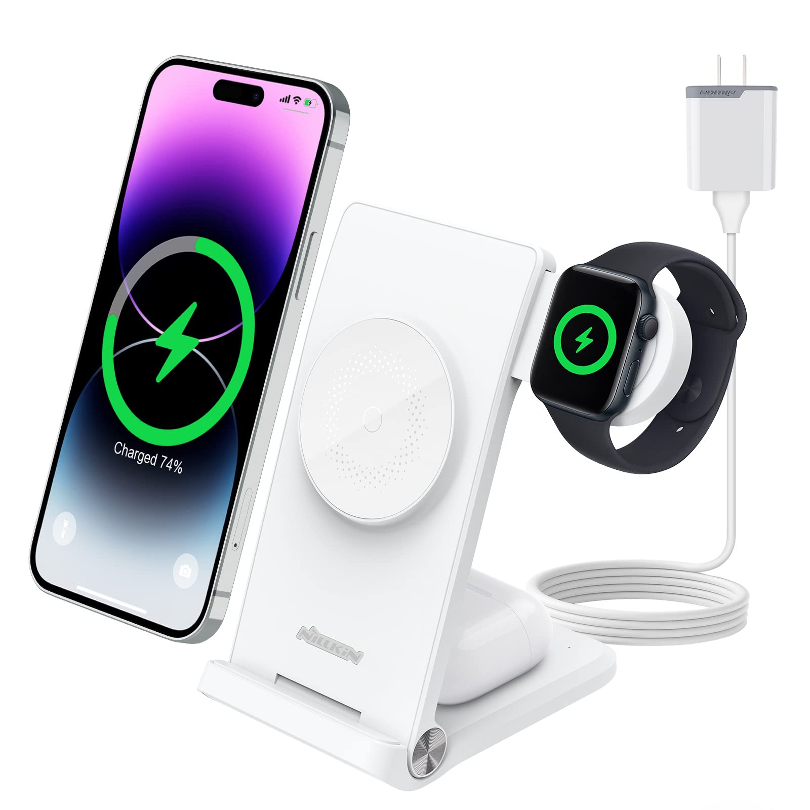 Nillkin 3-in-1 Magnetic Wireless Charging Station for iPhone 16/15/14/13/12 Pro Max, AirPods 2/3/Pro, Apple Watch Ultra/SE/8/7/6/5 - 18W Fast Foldable Charger Stand | Perfect for Bedside, Office & Travel