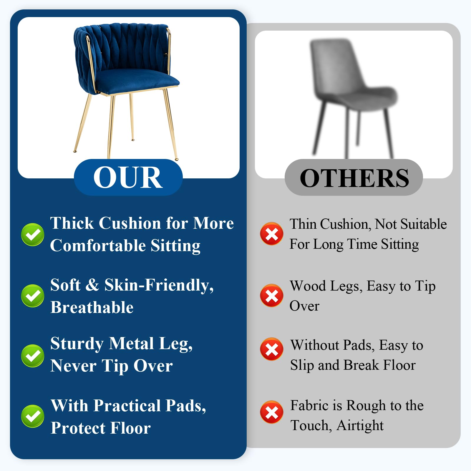 NIOIIKIT Modern Velvet Dining Chairs Set of 2 - Handwoven Upholstered Accent Chairs with Golden Metal Legs for Living Room, Kitchen, Dining Room & Vanity (Navy Blue) | Elegant Seating for Home Decor, Dinner Parties & Cozy Lounging