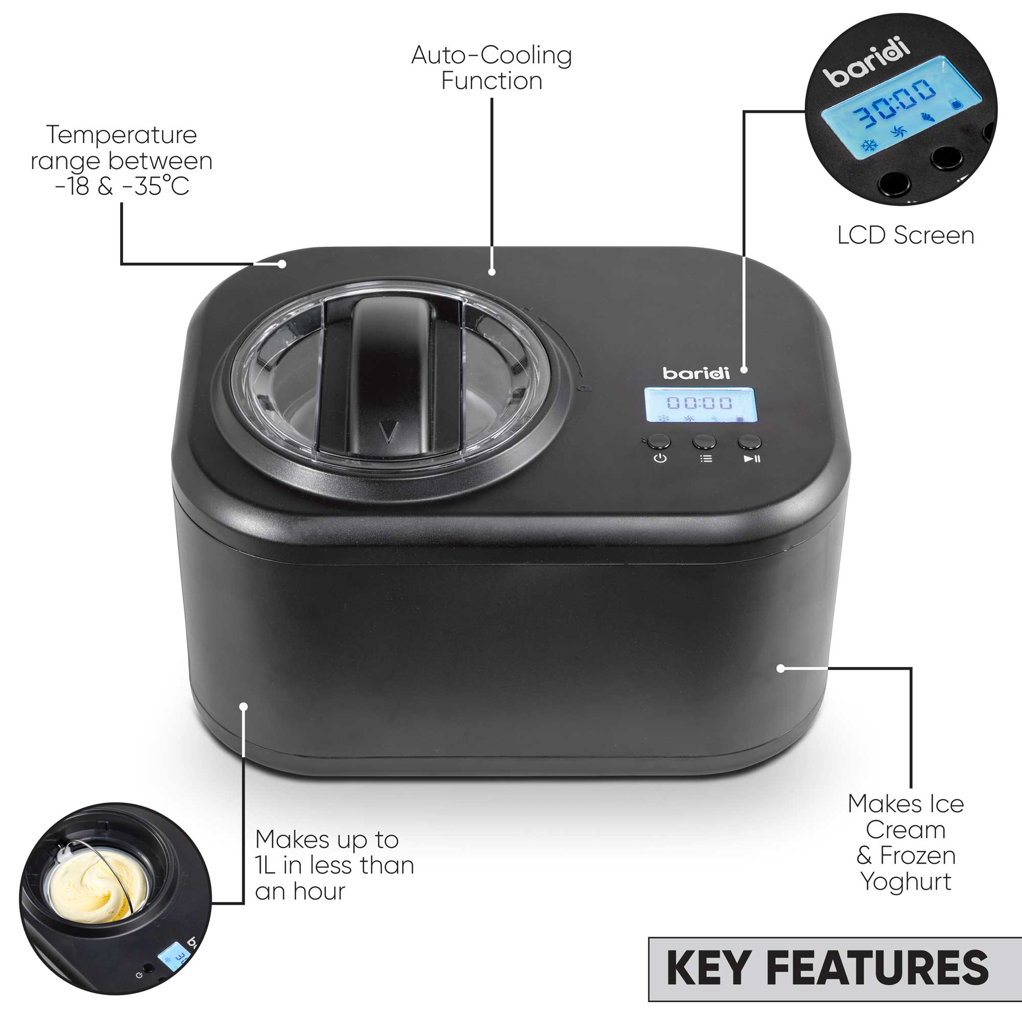 Baridi 1L Commercial Ice Cream Maker with Fast Freeze Compressor - Perfect for Home Kitchens, Dessert Shops & Cafes - DH238