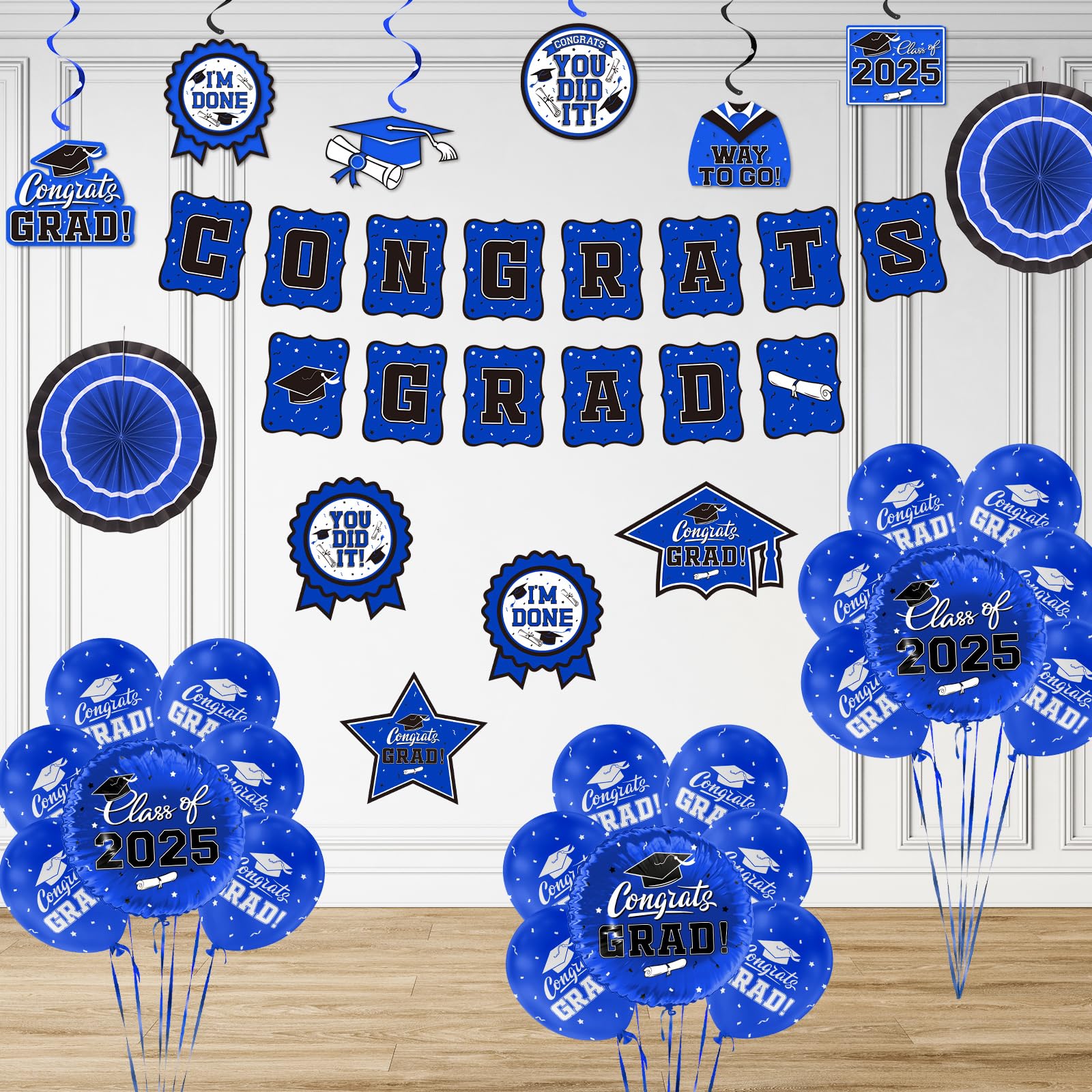 2025 Graduation Party Decorations Set - Blue Themed Congrats Grad Banner, Class of 2025 Backdrop, Balloons & Streamers Kit - Complete High School & College Graduation Party Supplies for Ceremony, Photo Booth & Celebration Decor