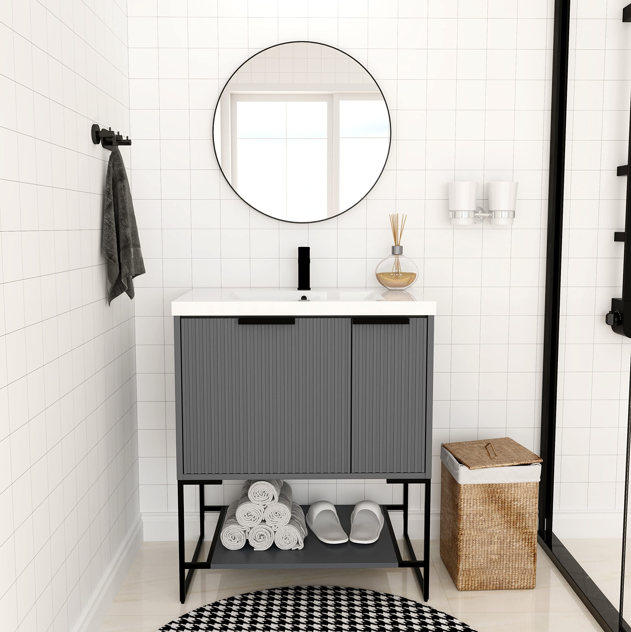 30 Inch Freestanding Bathroom Vanity with Sink - Modern Bathroom Cabinet with Soft Close Door & Drawer, Open Shelf - Rock Grey (30x18 Inches) - Perfect for Small Bathrooms, Powder Rooms & Home Renovations