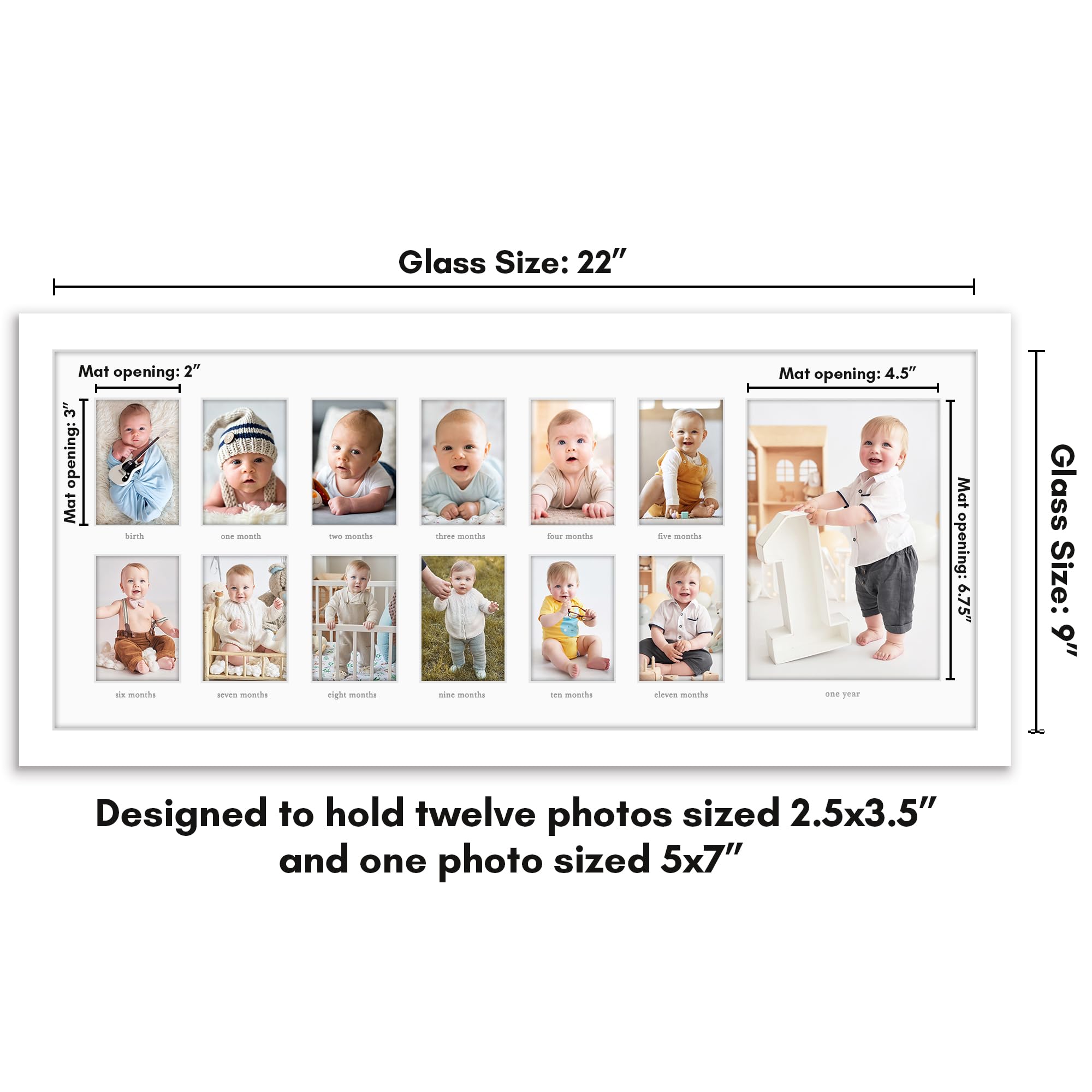 Americanflat 9x22 First Year Baby Photo Frame - Shatterproof Glass Holds Twelve 2x3 & One 5x7 Pictures - Nursery Wall Decor, Newborn Gift Idea, Baby Shower Present - Perfect for Documenting Baby's Milestones in White
