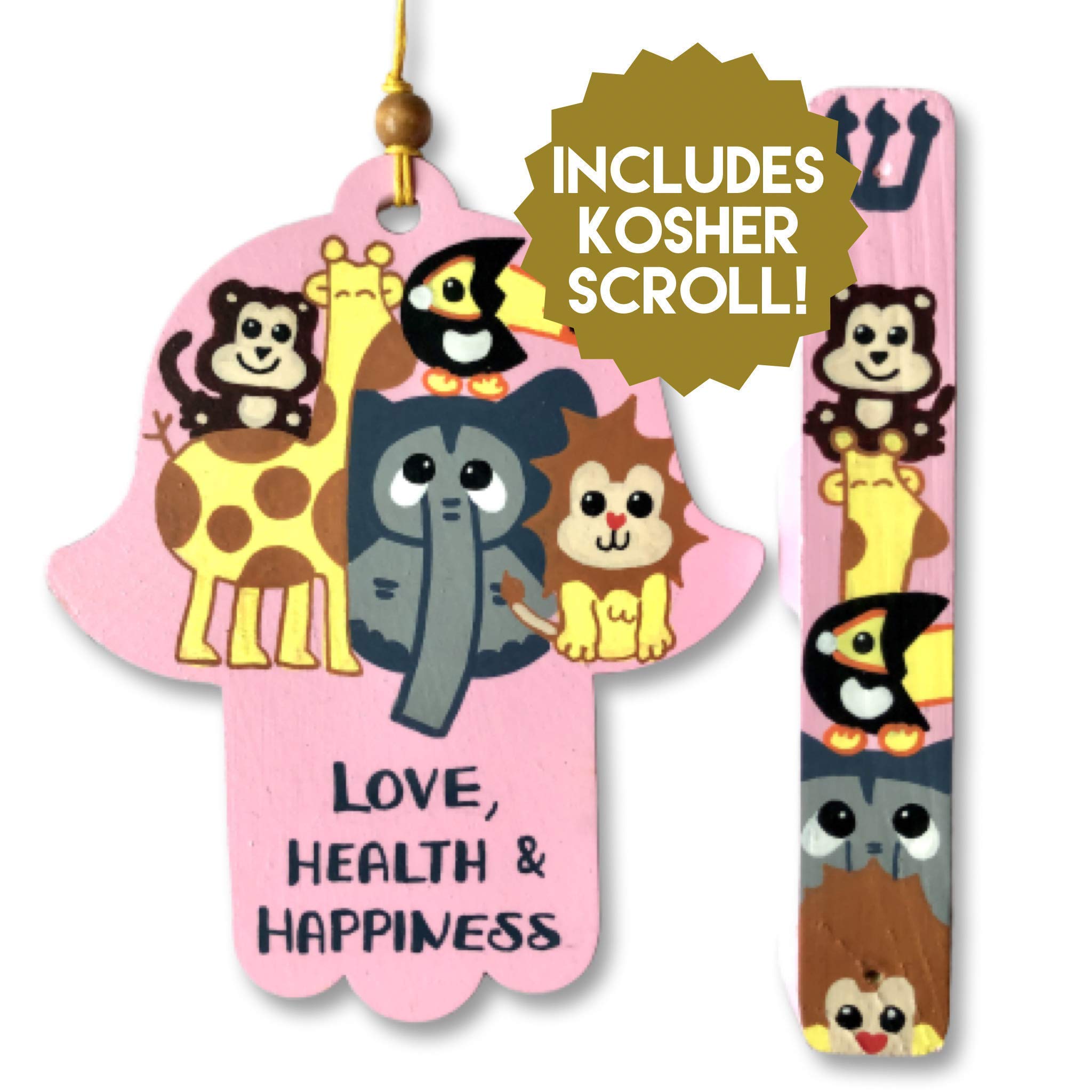 Jewish Baby Gift Set - Hamsa & Mezuzah with Kosher Scroll, Zoo Animal Design for Girls - Perfect for Naming Ceremonies, Brit Milah & Newborn Blessings