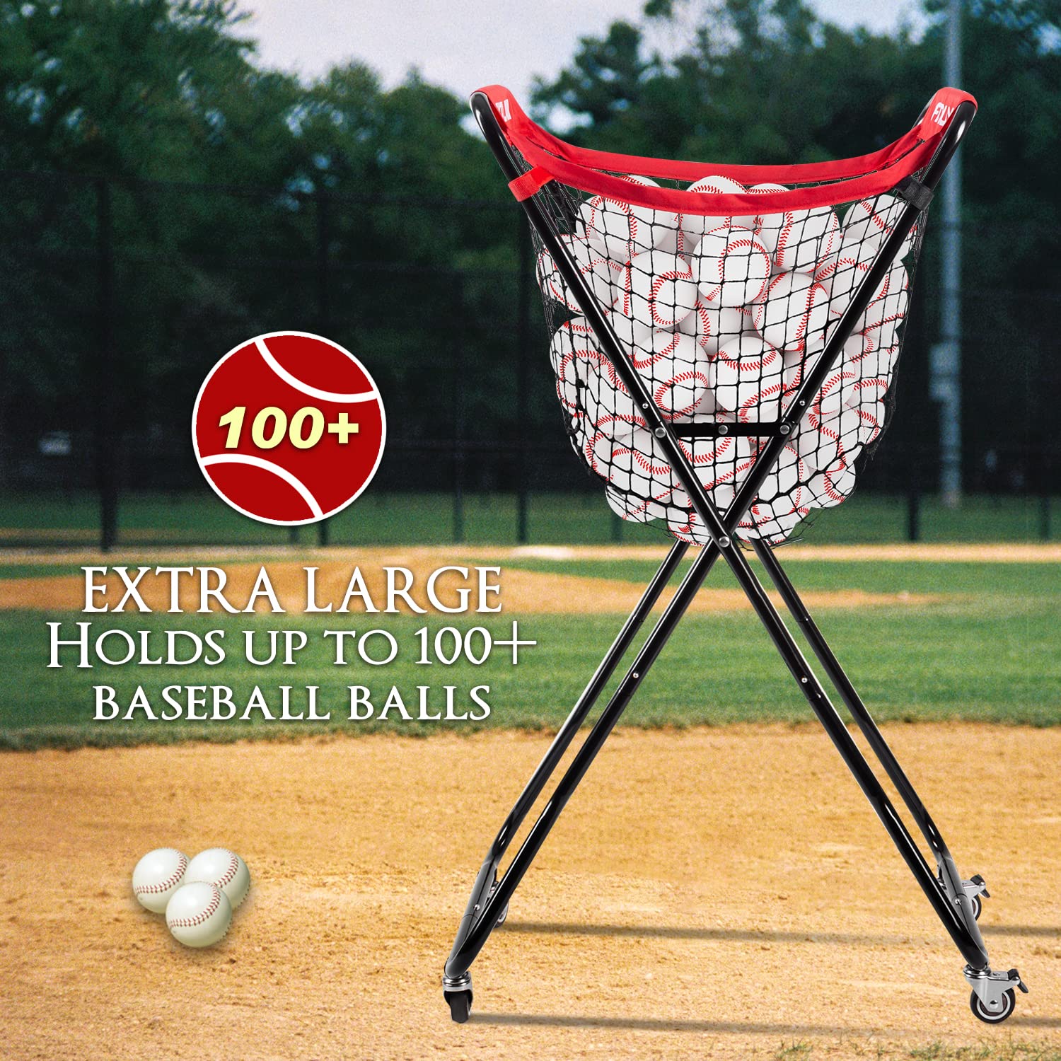 Large Wheeled Baseball Caddy - Holds 100+ Baseballs or 50+ Softballs | Extra Big Ball Storage for Baseball & Softball Practice | Portable Sports Equipment for Indoor/Outdoor Training, Games & Team Drills