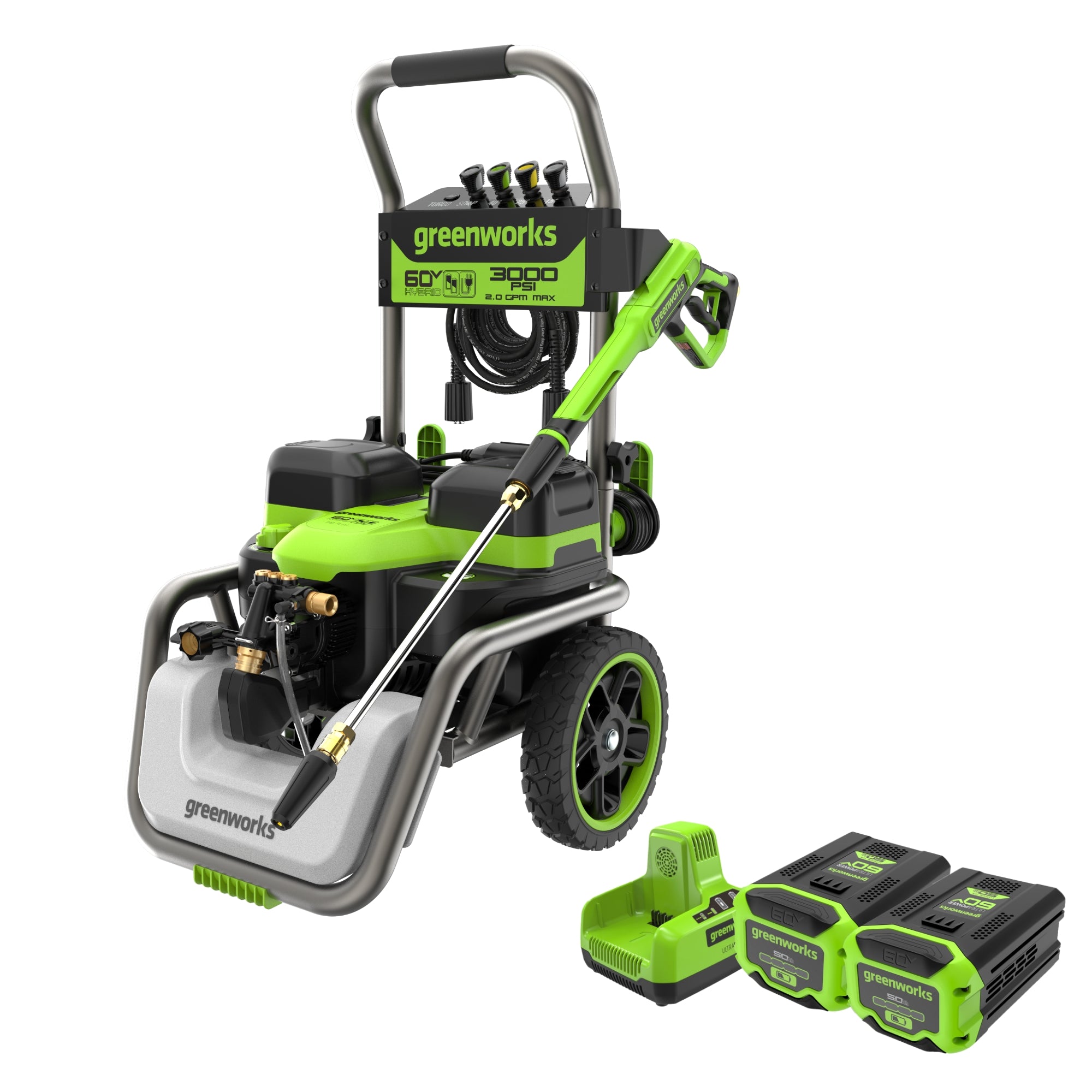 60V 3000 PSI 2.0 GPM Electric Pressure Washer with 2 x 5.0Ah Batteries & Dual Port Charger - Powerful Cleaning for Driveways, Decks, and Outdoor Surfaces