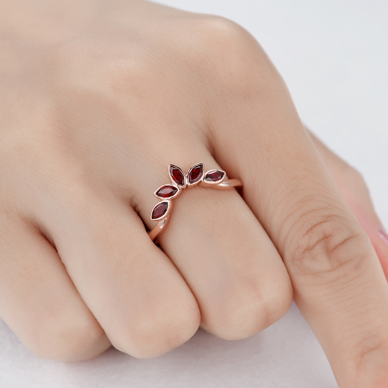 Rose Gold Marquise Shaped Garnet Wedding Band - Curved Matching Engagement Ring for Women, Perfect for Bridal Sets, Anniversary Gifts & Romantic Occasions