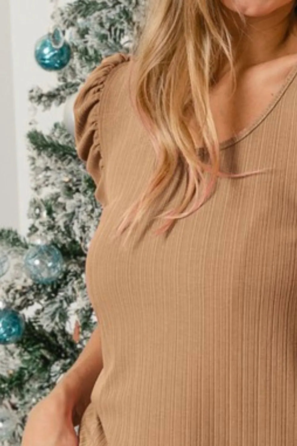 BiBi Variegated Rib Knit Puff Sleeve Short Sleeve Top - Women's Fashion Casual Blouse for Summer Outfits & Date Nights