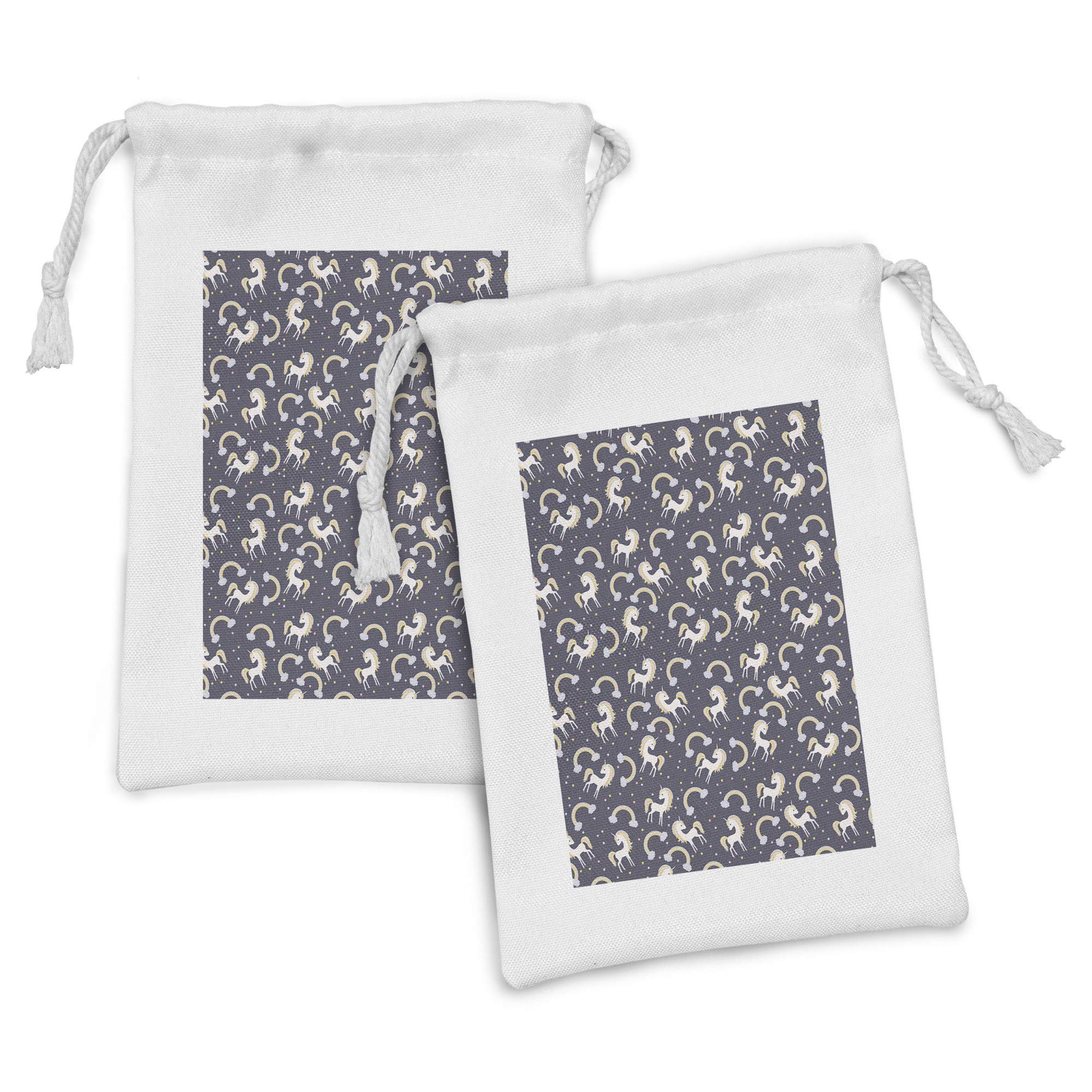 Ambesonne Unicorn Party Fabric Pouch Set of 2 - Dreamy Cartoon Pattern with Rainbows, Stars & Horses - Small Drawstring Bags for Toiletries, Makeup, Jewelry & Party Favors - 9